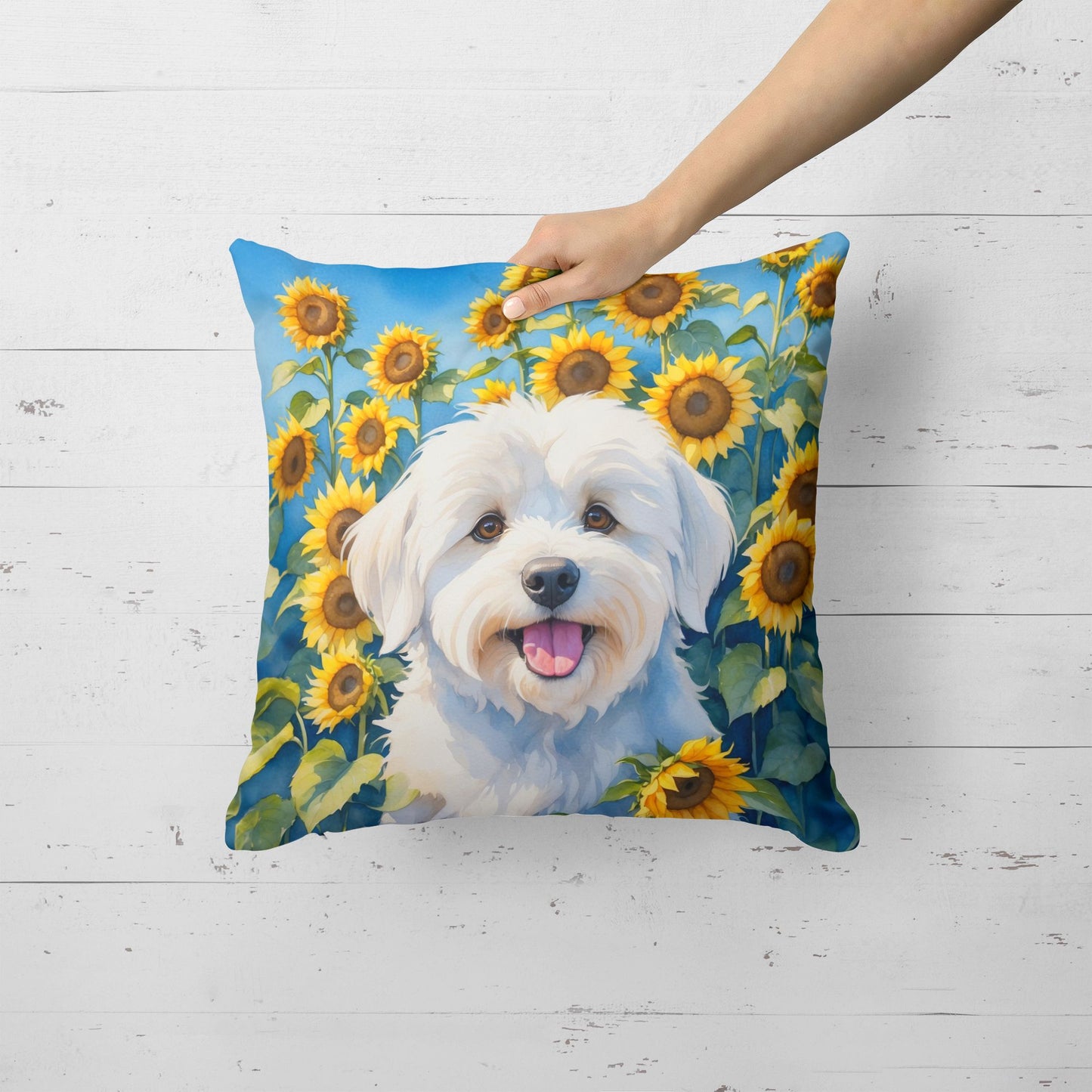 Coton de Tulear in Sunflowers Throw Pillow Machine Washable, Indoor Outdoor Decorative Pillow for Couch, Bed or Patio, 18Hx18W