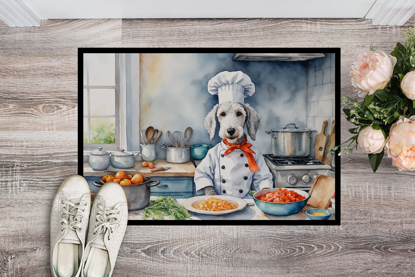 Bedlington Terrier The Chef Doormat Front Door Mat Indoor Outdoor Rugs for Entryway, Non Slip Washable Low Pile, 24H X 36W