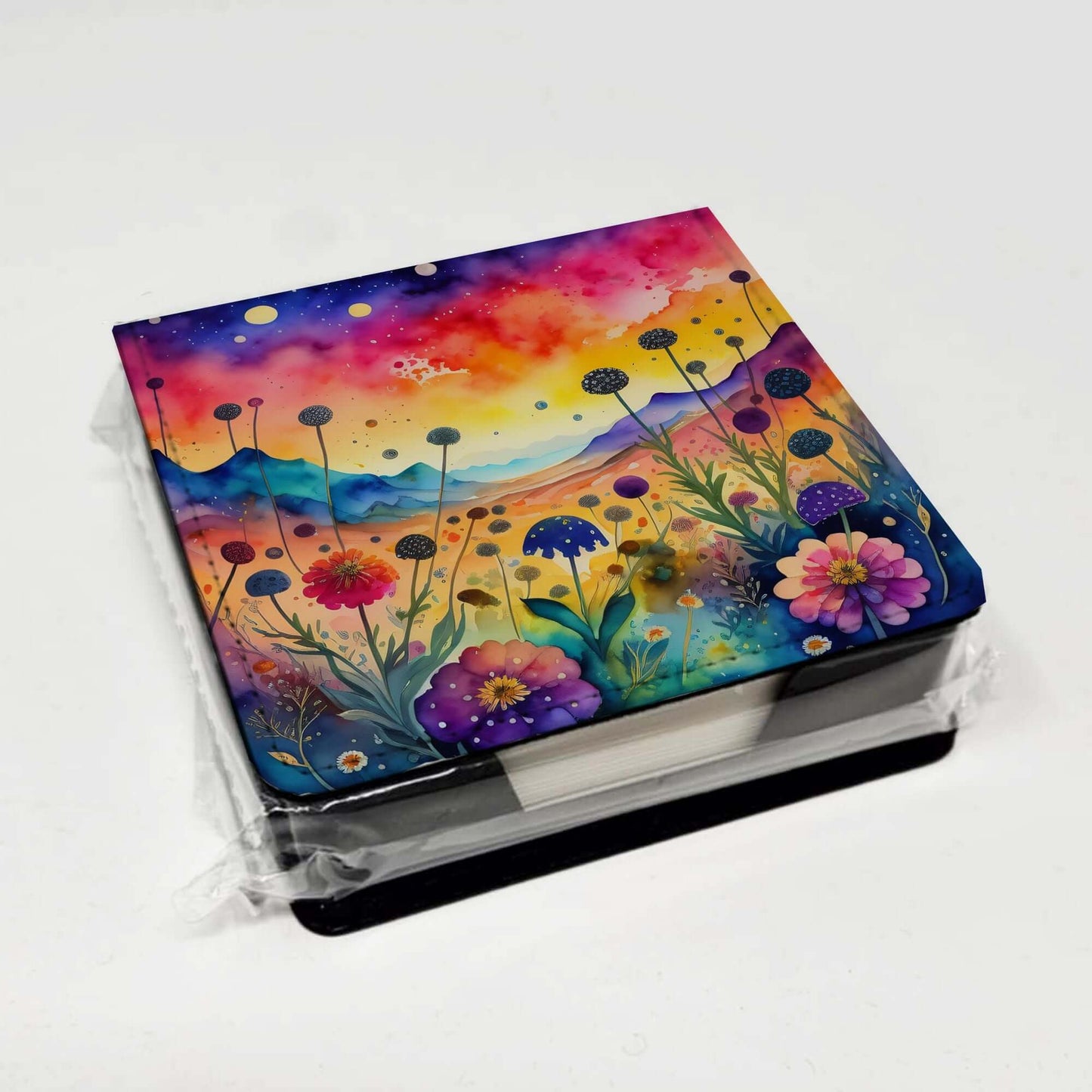 Colorful Scabiosa PU Leather Note Paper Holder with Artist-Designed Cover, Desk Accessory, Office Gift