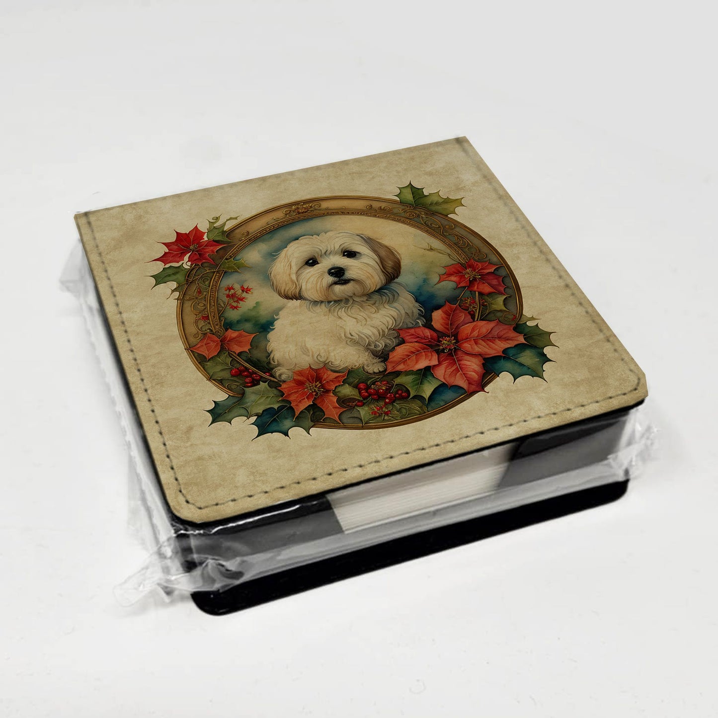 Coton De Tulear Christmas Flowers PU Leather Note Paper Holder with Artist-Designed Cover, Desk Accessory, Office Gift