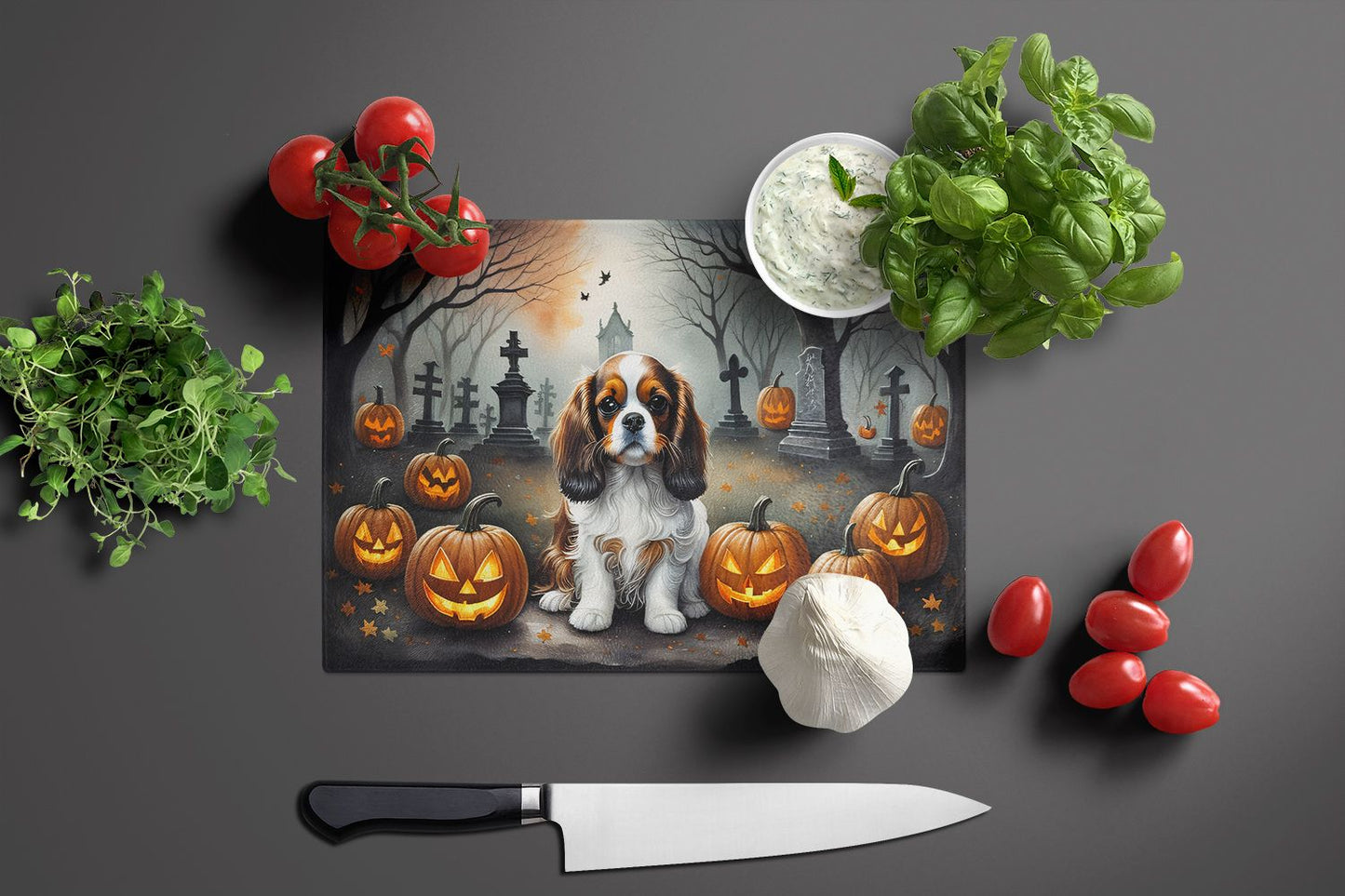 NEW Cavalier Spaniel Spooky Halloween Glass Cutting Board Decorative Tempered Glass Kitchen Cutting and Serving Board Large Size Chopping Board