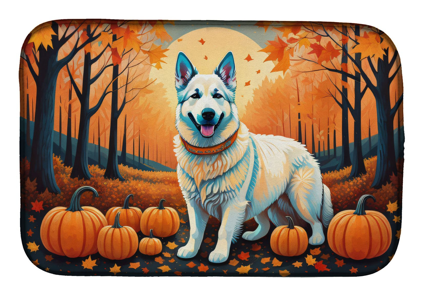 White German Shepherd Fall Dish Drying Mat Absorbent Dish Drying Mat Pad for Kitchen Counter Dish Drainer Mat for Countertop, 14 x 21", Multicolor