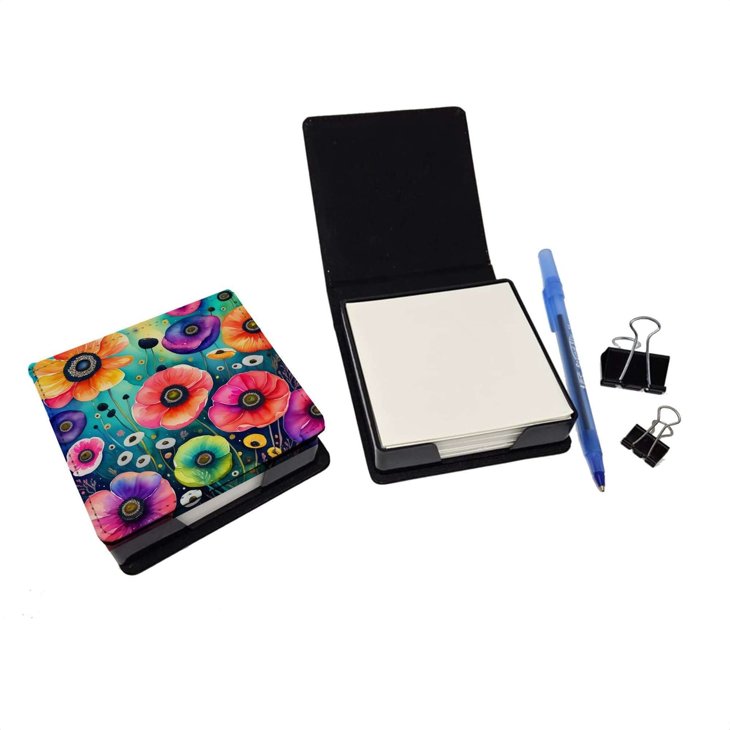 Colorful Anemones PU Leather Note Paper Holder with Artist-Designed Cover, Desk Accessory, Office Gift