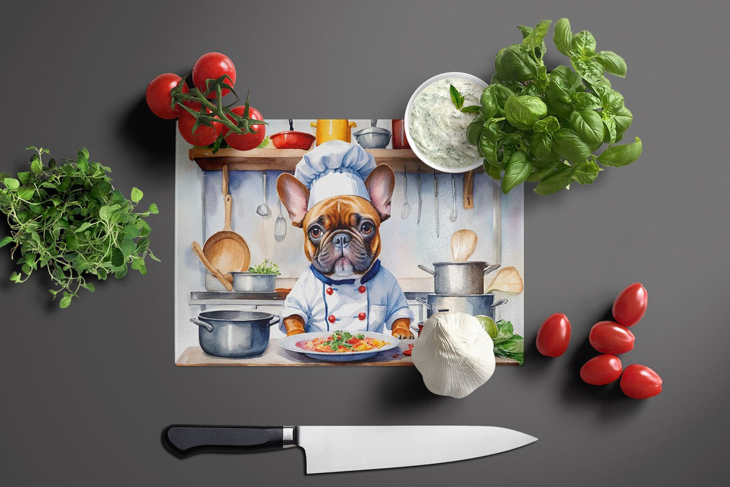 NEW French Bulldog The Chef Glass Cutting Board Decorative Tempered Glass Kitchen Cutting and Serving Board Large Size Chopping Board