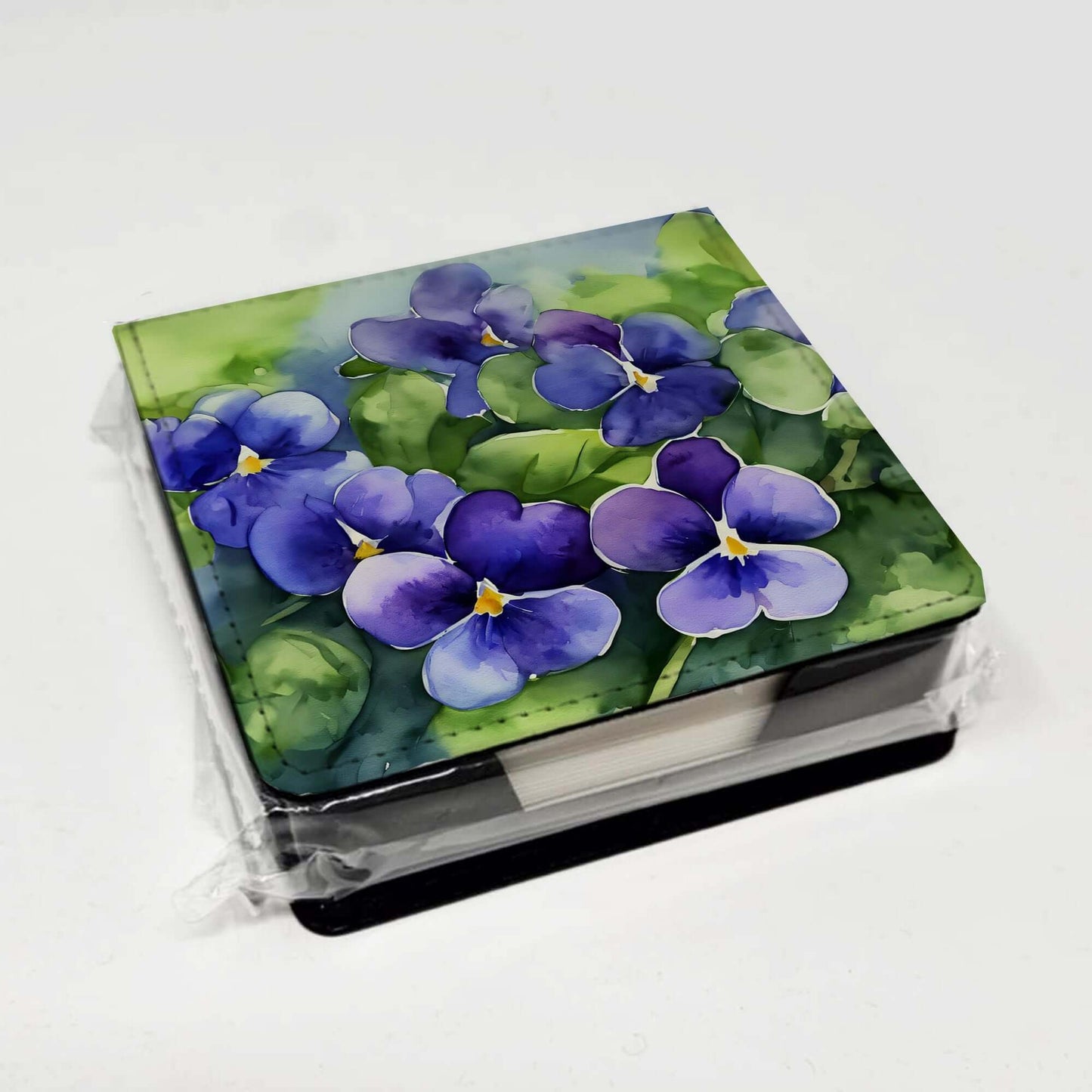 Rhode Island Violets in Watercolor PU Leather Note Paper Holder with Artist-Designed Cover, Desk Accessory, Office Gift