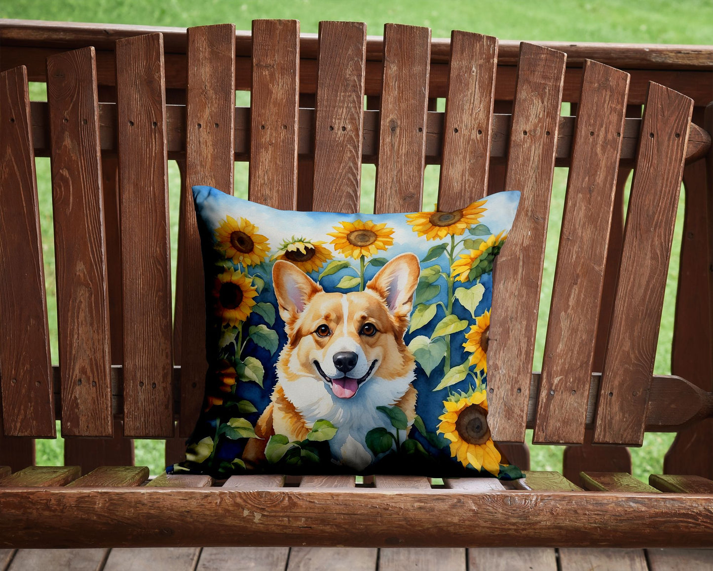 Corgi in Sunflowers Throw Pillow Machine Washable, Indoor Outdoor Decorative Pillow for Couch, Bed or Patio, 14Hx14W