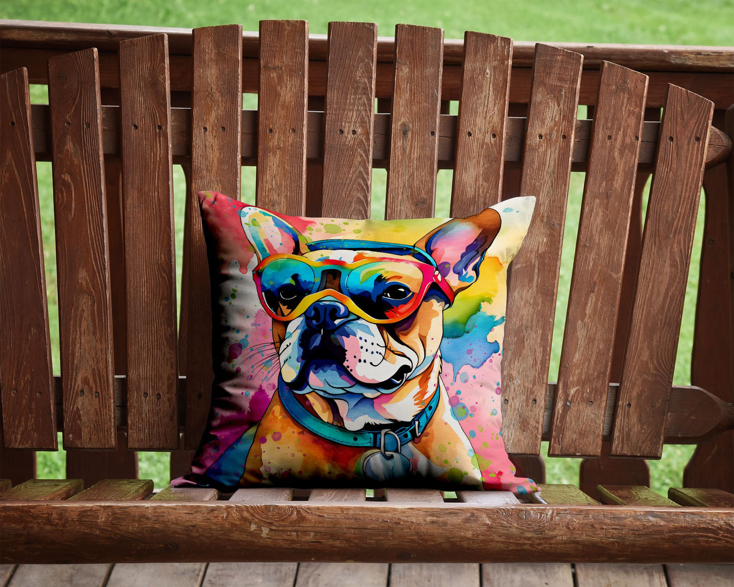 French Bulldog Hippie Dawg Throw Pillow Machine Washable, Indoor Outdoor Decorative Pillow for Couch, Bed or Patio, 14Hx14W