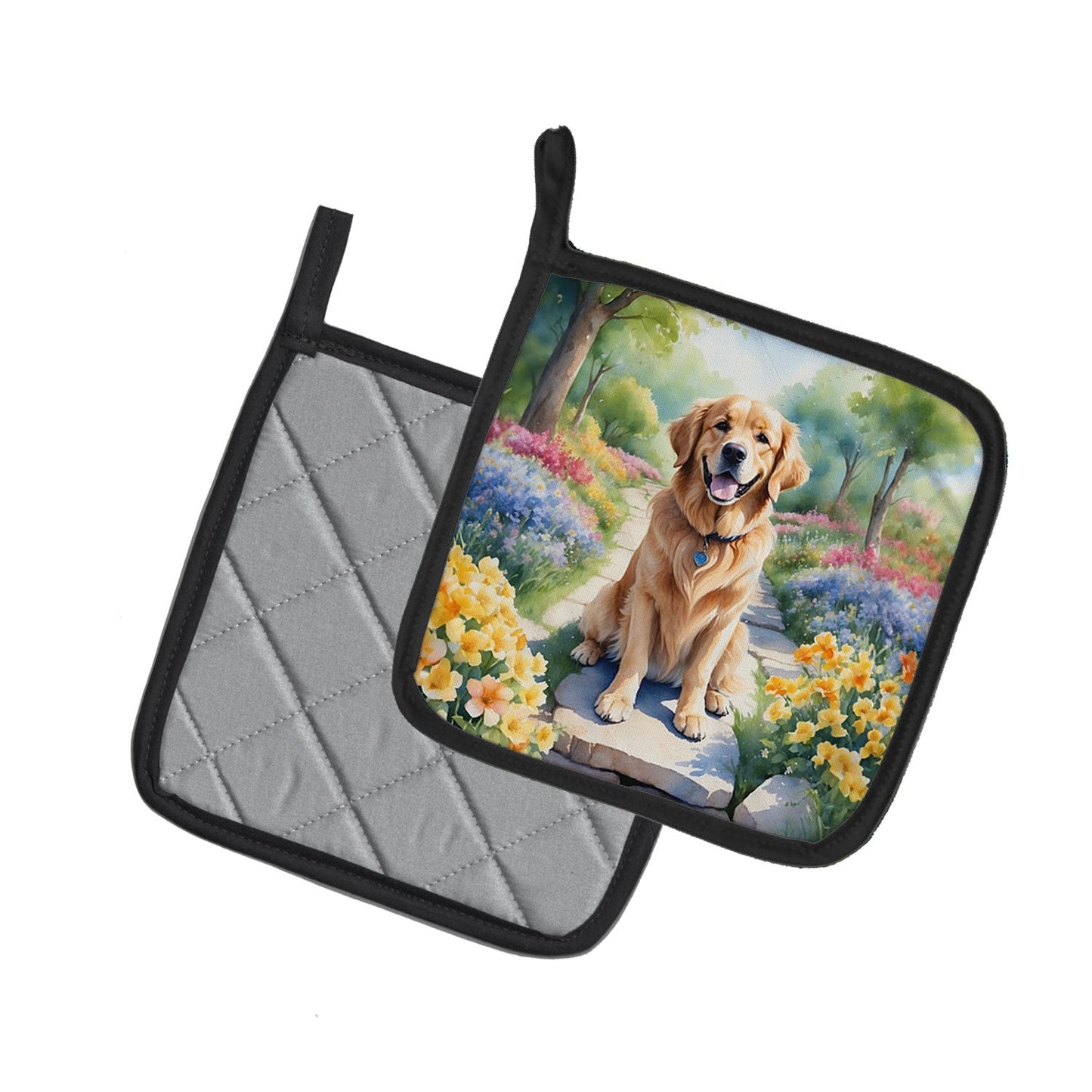Golden Retriever Spring Path Pair of Pot Holders Kitchen Heat Resistant Pot Holders Sets Oven Hot Pads for Cooking Baking BBQ, 7 1/2 x 7 1/2