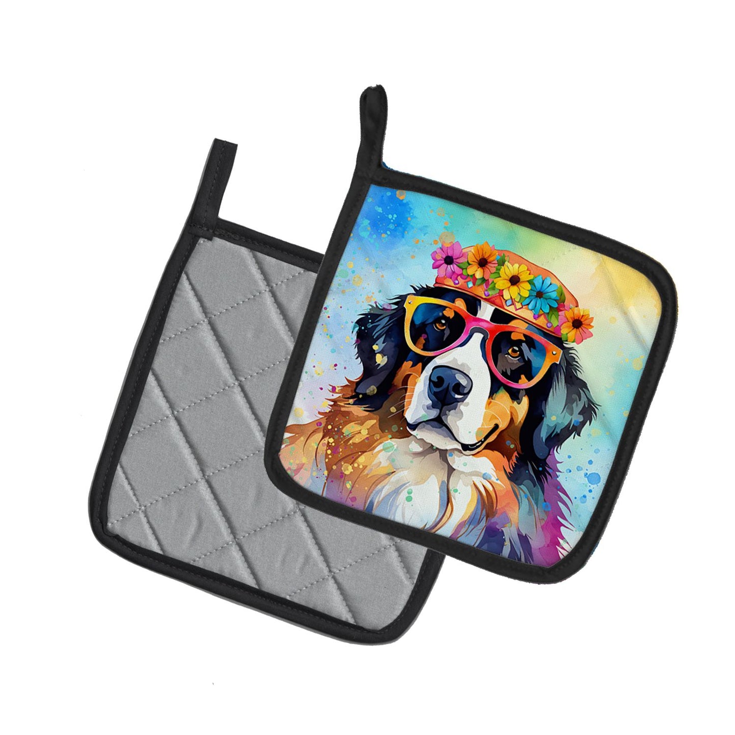 Bernese Mountain Dog Hippie Dawg Pair of Pot Holders Kitchen Heat Resistant Pot Holders Sets Oven Hot Pads for Cooking Baking BBQ, 7 1/2 x 7 1/2