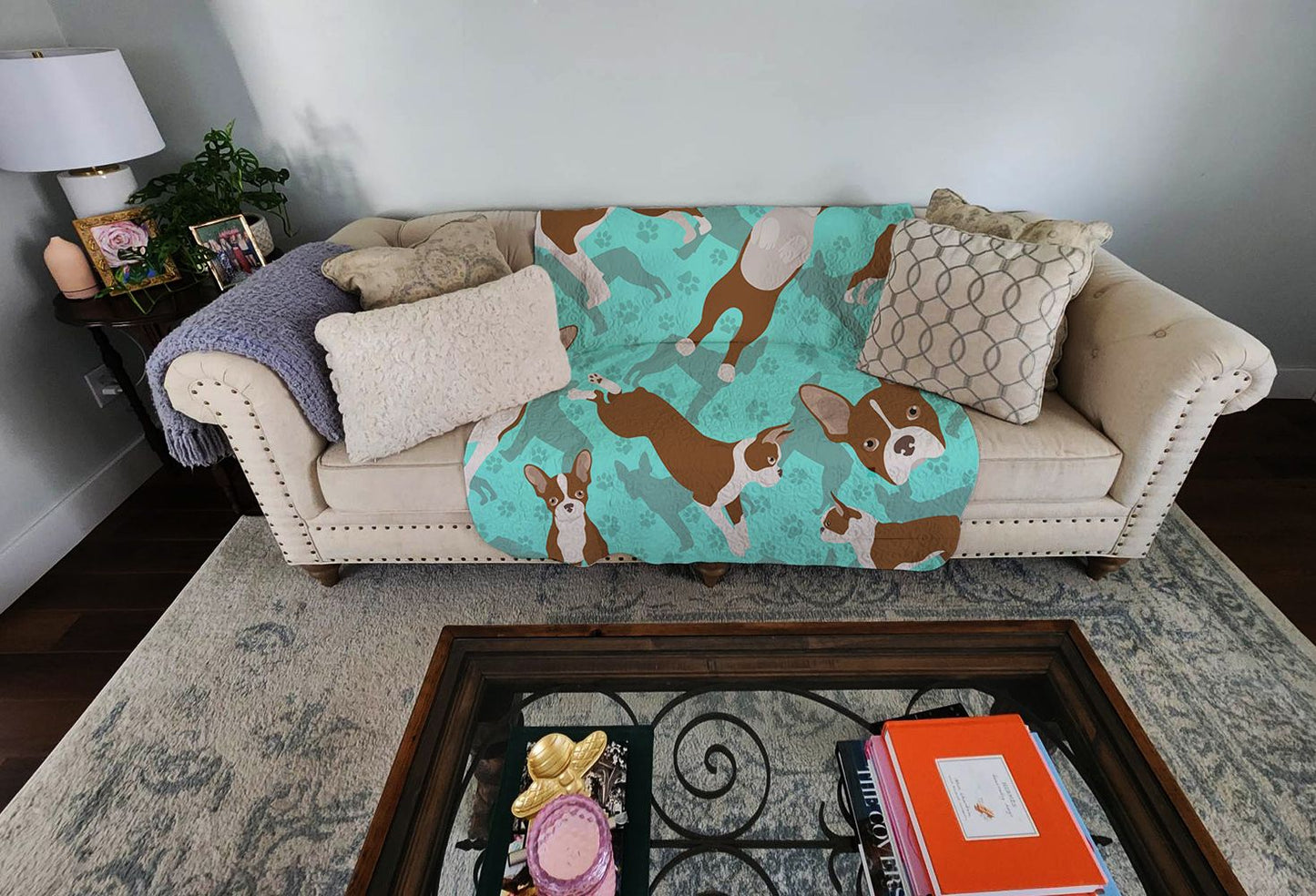 Red Boston Terrier Quilted Blanket 50x60 Artwork Pattern Quilted Throw Blanket for Bed, Couch, Sofa, Soft and Lightweight