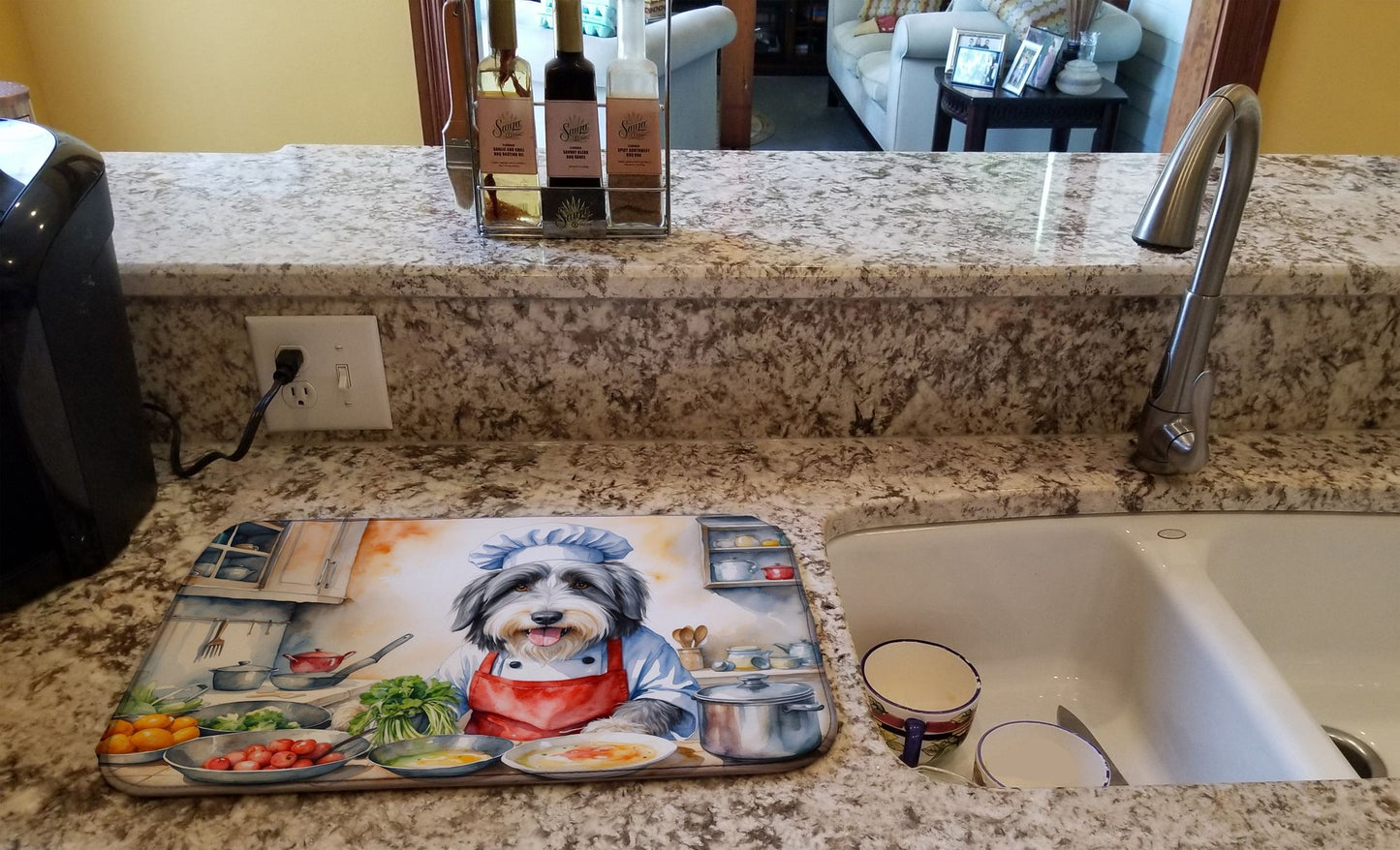 Bearded Collie The Chef Dish Drying Mat Absorbent Dish Drying Mat Pad for Kitchen Counter Dish Drainer Mat for Countertop, 14 x 21", Multicolor