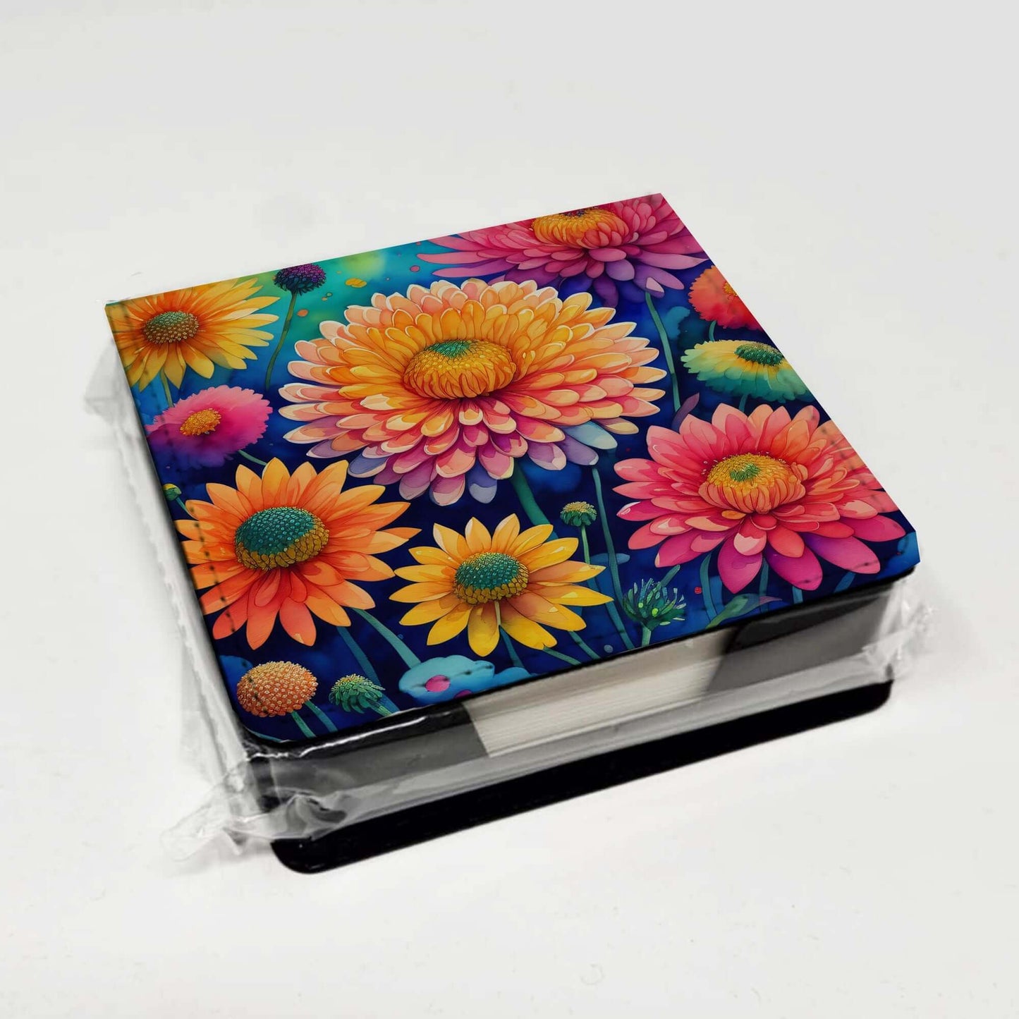 Colorful Chrysanthemums PU Leather Note Paper Holder with Artist-Designed Cover, Desk Accessory, Office Gift