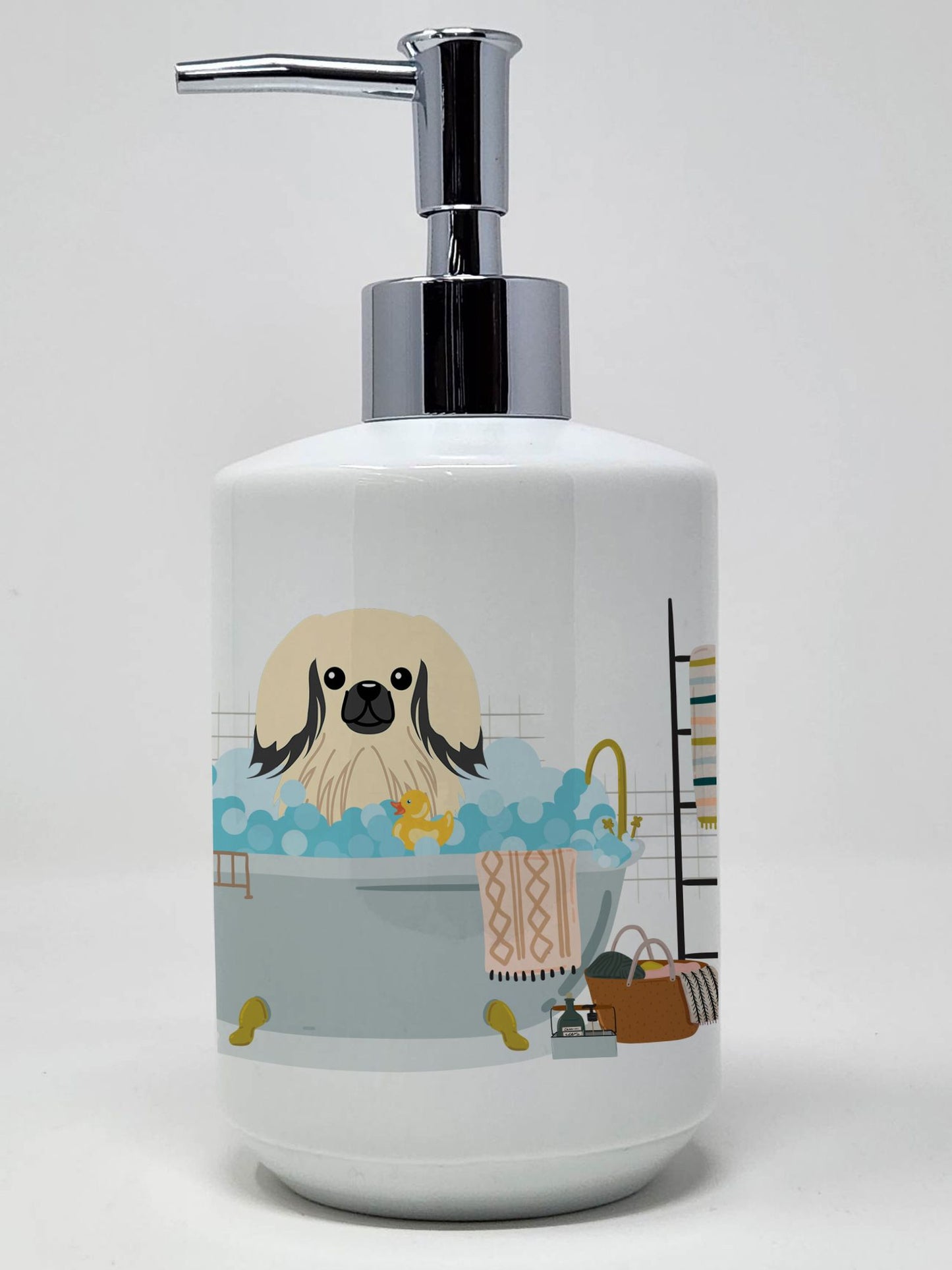 Cream Pekingese in Bathtub Ceramic Soap Dispenser Hand Soap Dispenser Pump Bottles for Bathroom Kitchen, Empty Refillable Liquid Soap Container