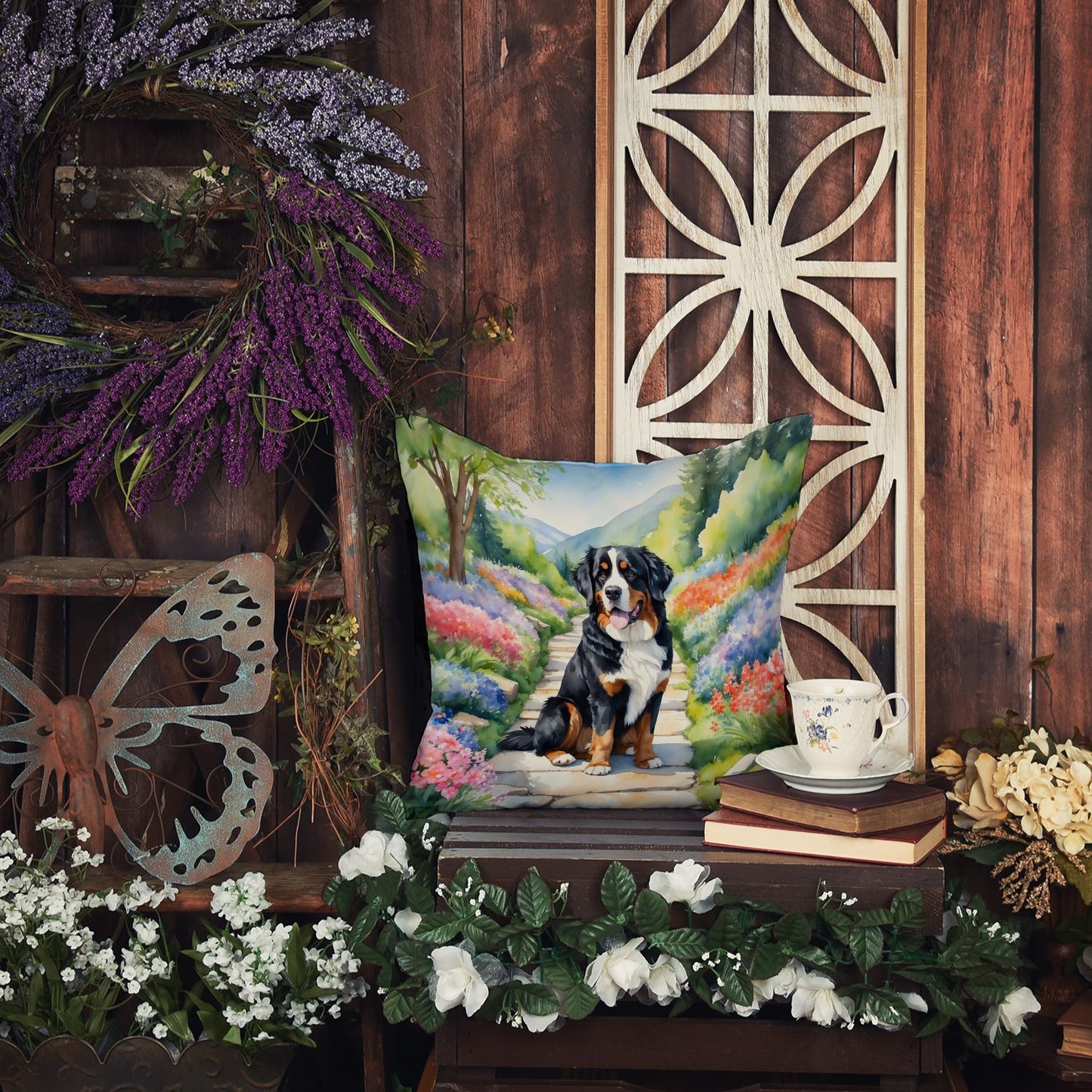 Bernese Mountain Dog Spring Path Throw Pillow Machine Washable, Indoor Outdoor Decorative Pillow for Couch, Bed or Patio, 14Hx14W