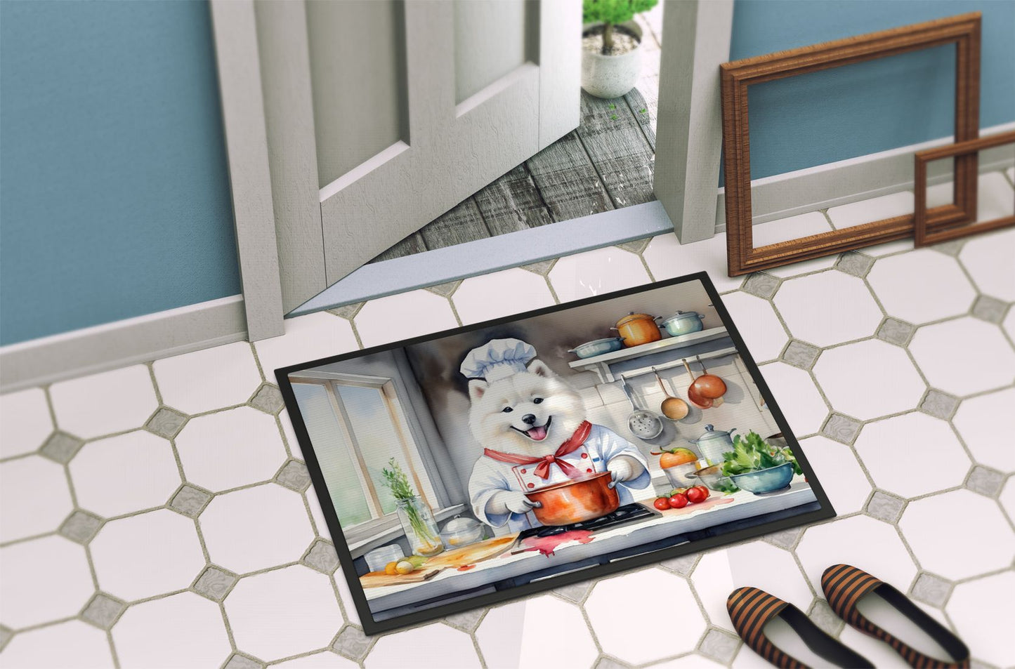 NEW Samoyed The Chef Doormat Front Door Mat Indoor Outdoor Rugs for Entryway, Non Slip Washable Low Pile, 18H X 27W