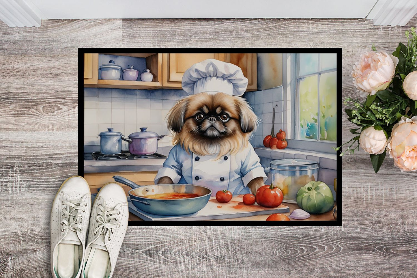NEW Pekingese The Chef Doormat Front Door Mat Indoor Outdoor Rugs for Entryway, Non Slip Washable Low Pile, 18H X 27W