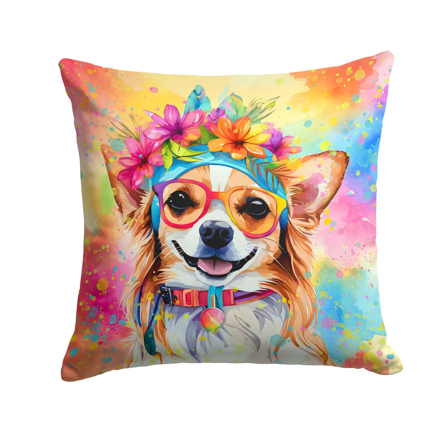 Chihuahua Hippie Dawg Throw Pillow Machine Washable, Indoor Outdoor Decorative Pillow for Couch, Bed or Patio, 14Hx14W