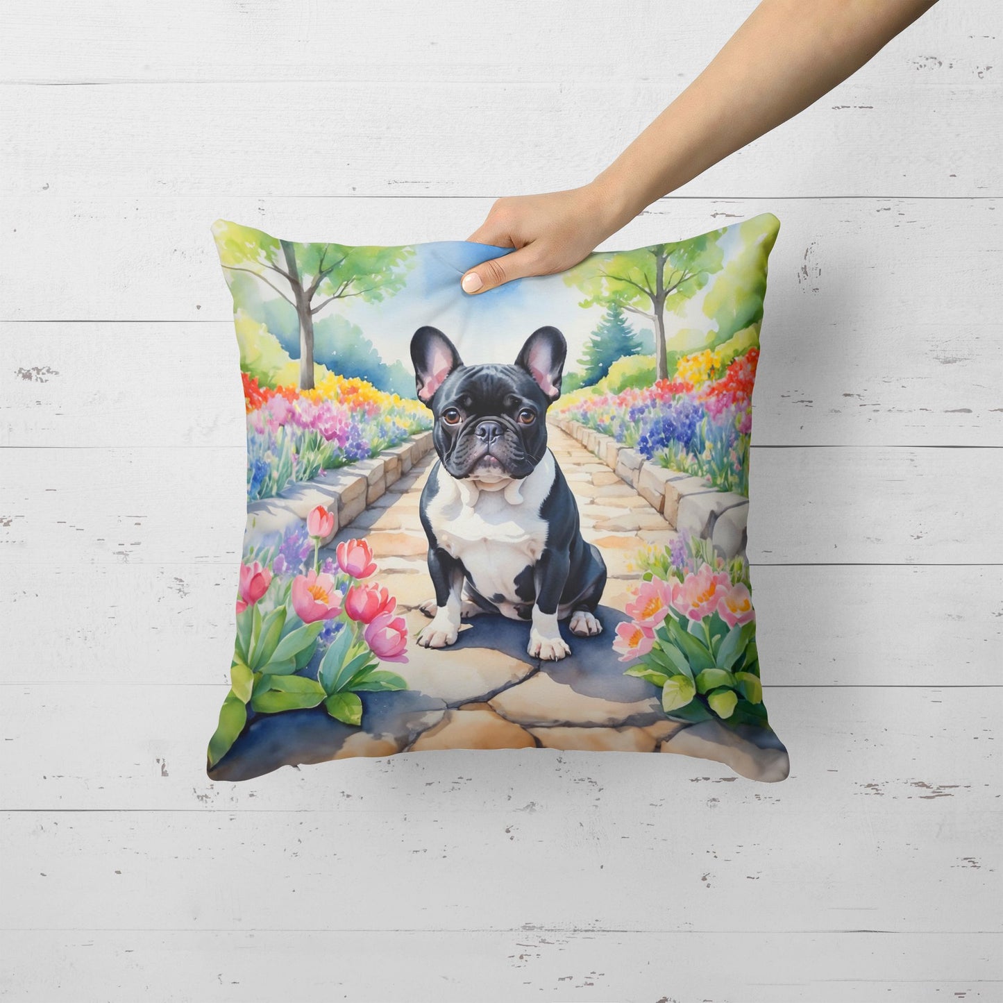 French Bulldog Spring Path Throw Pillow Machine Washable, Indoor Outdoor Decorative Pillow for Couch, Bed or Patio, 18Hx18W