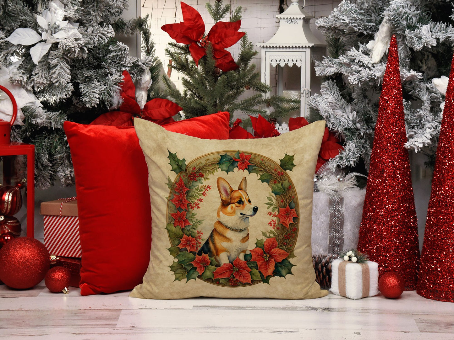 Corgi Christmas Flowers Throw Pillow Machine Washable, Indoor Outdoor Decorative Pillow for Couch, Bed or Patio, 14Hx14W