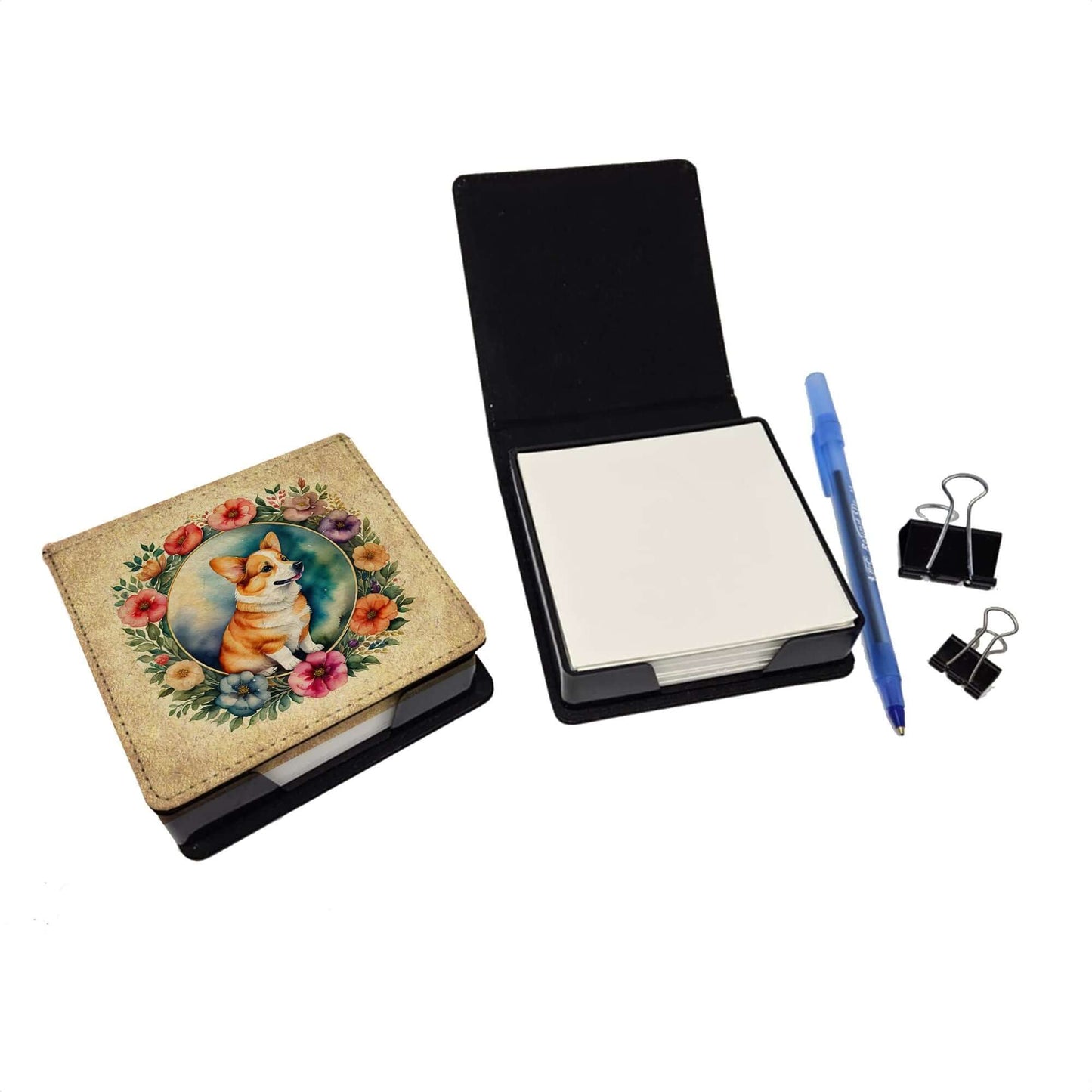 Corgi and Flowers PU Leather Note Paper Holder with Artist-Designed Cover, Desk Accessory, Office Gift