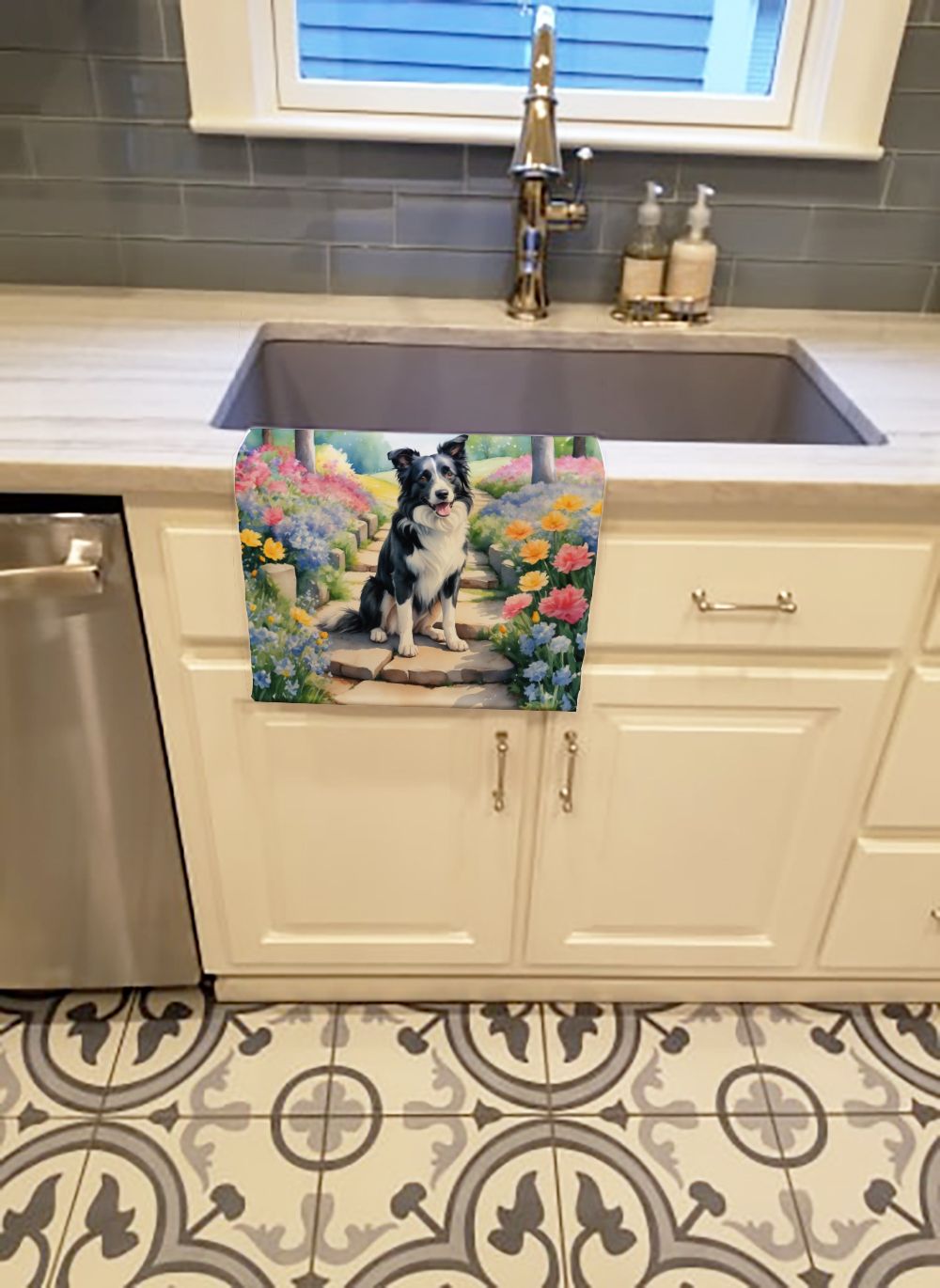 Border Collie Spring Path Kitchen Towel Dish Cloths Guest Hand Towel Decorative Bathroom Towel for Face,Tea, Dishcloth, Kitchen and Bath