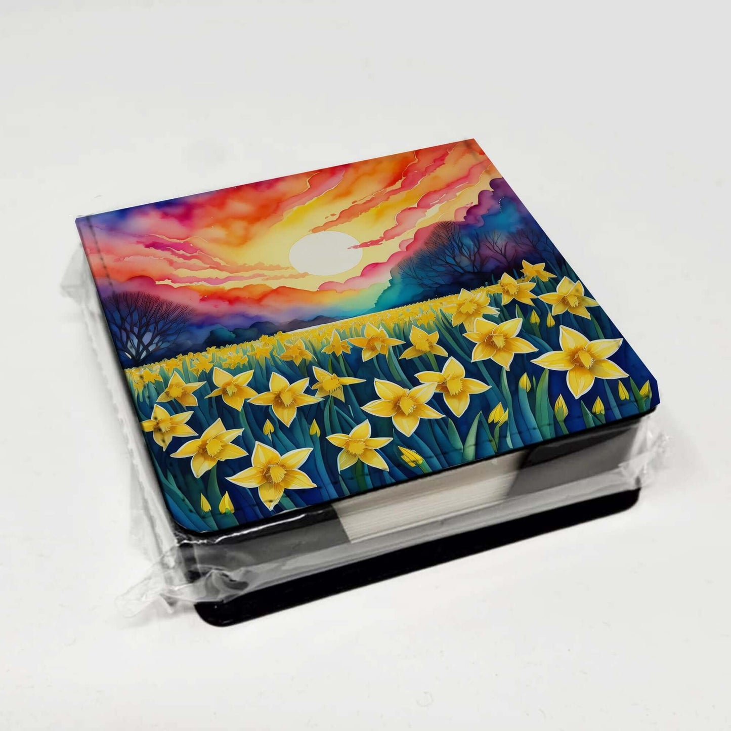 Colorful Daffodils PU Leather Note Paper Holder with Artist-Designed Cover, Desk Accessory, Office Gift