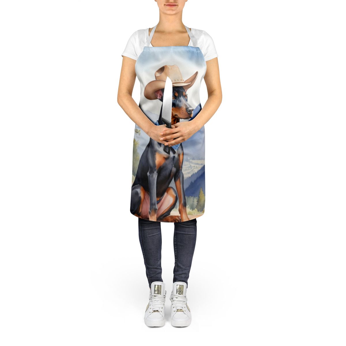 Doberman Pinscher Cowboy Welcome Apron Cooking Kitchen Server Baking Crafts Gardening for Adult Women Men, Unisex, Large, Multicolor