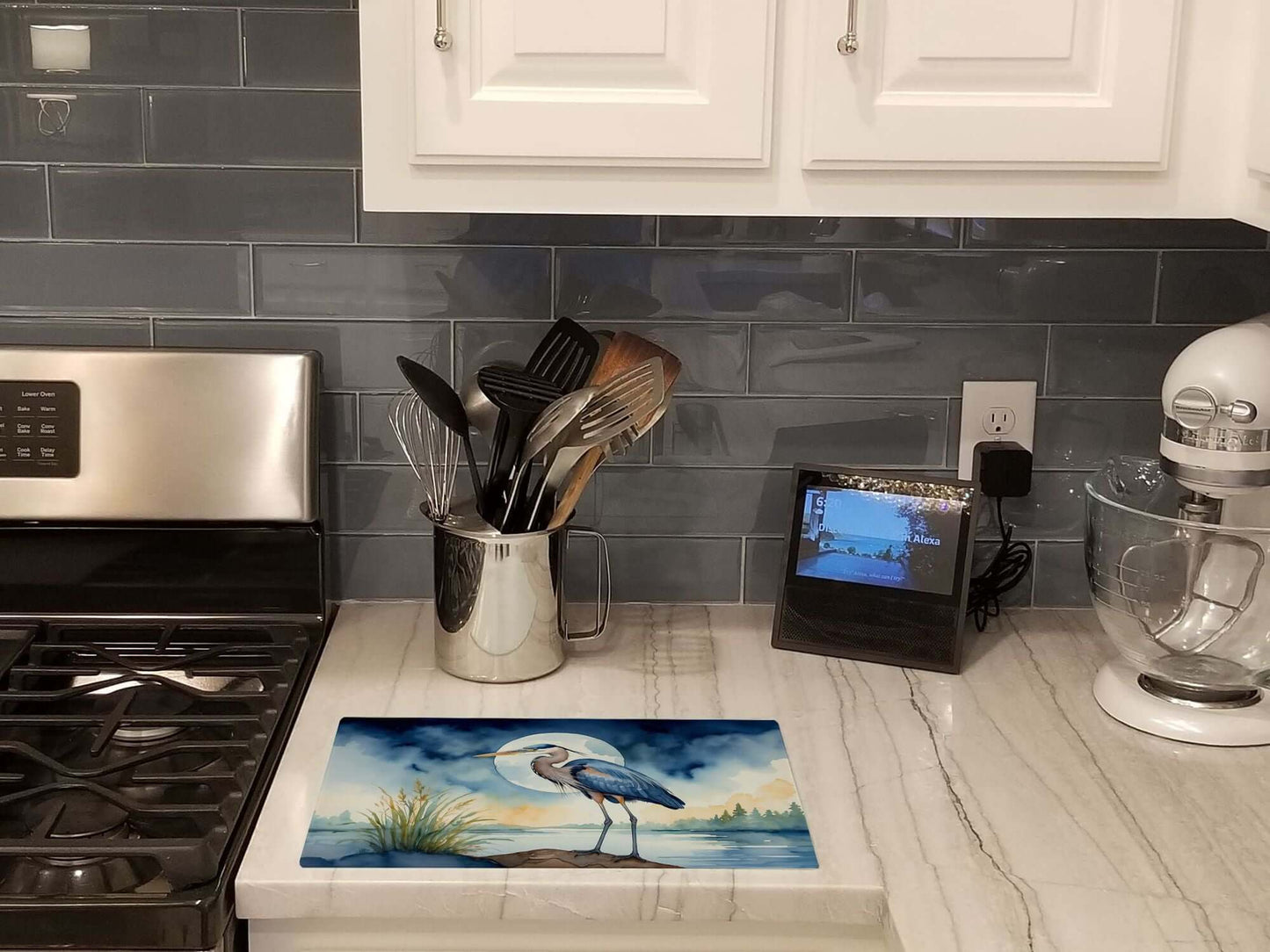 Blue Heron Under the Moonlight Glass Cutting Board Decorative Tempered Glass Kitchen Cutting and Serving Board Large Size Chopping Board