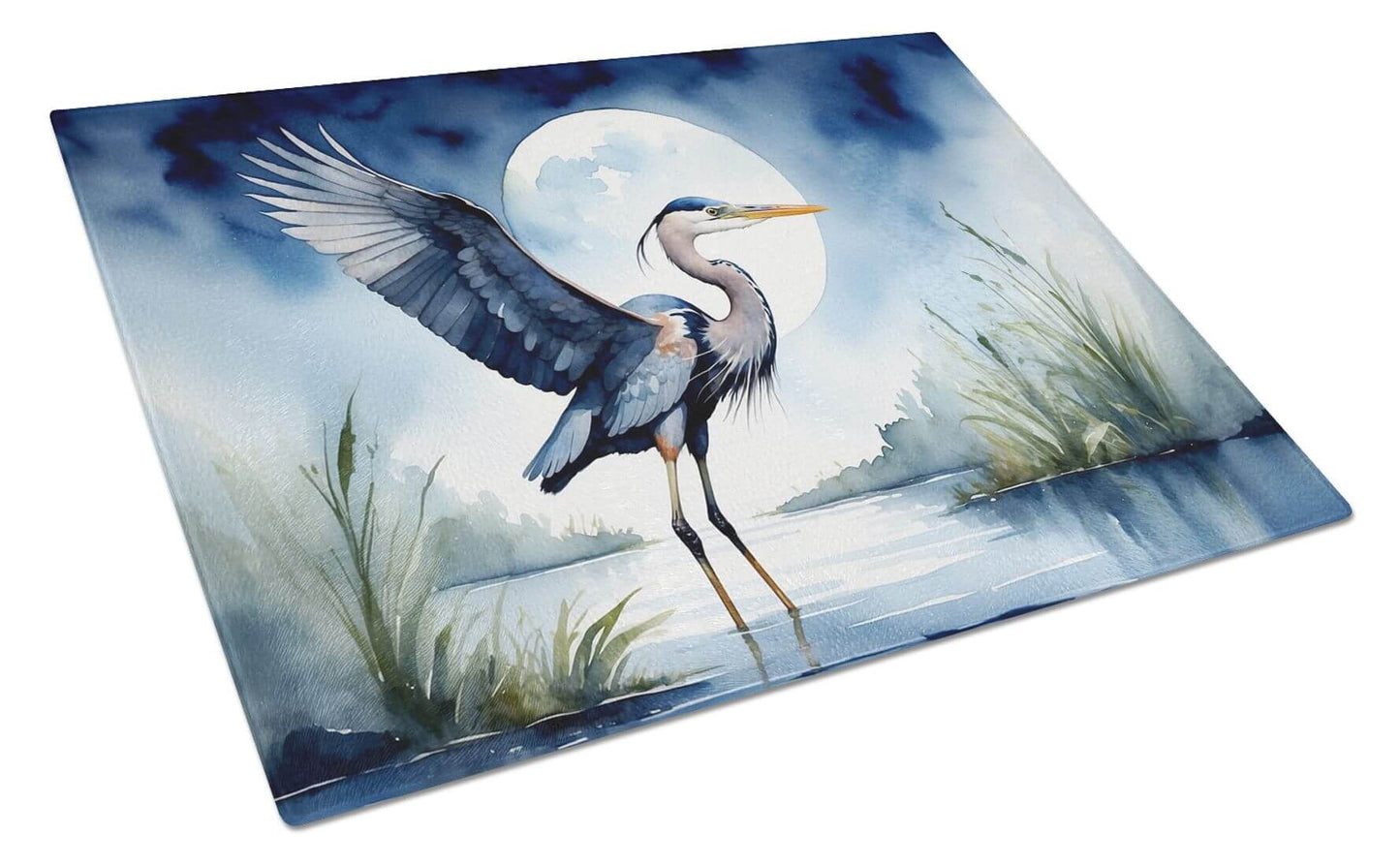 Blue Heron Under the Moonlight Glass Cutting Board Decorative Tempered Glass Kitchen Cutting and Serving Board Large Size Chopping Board