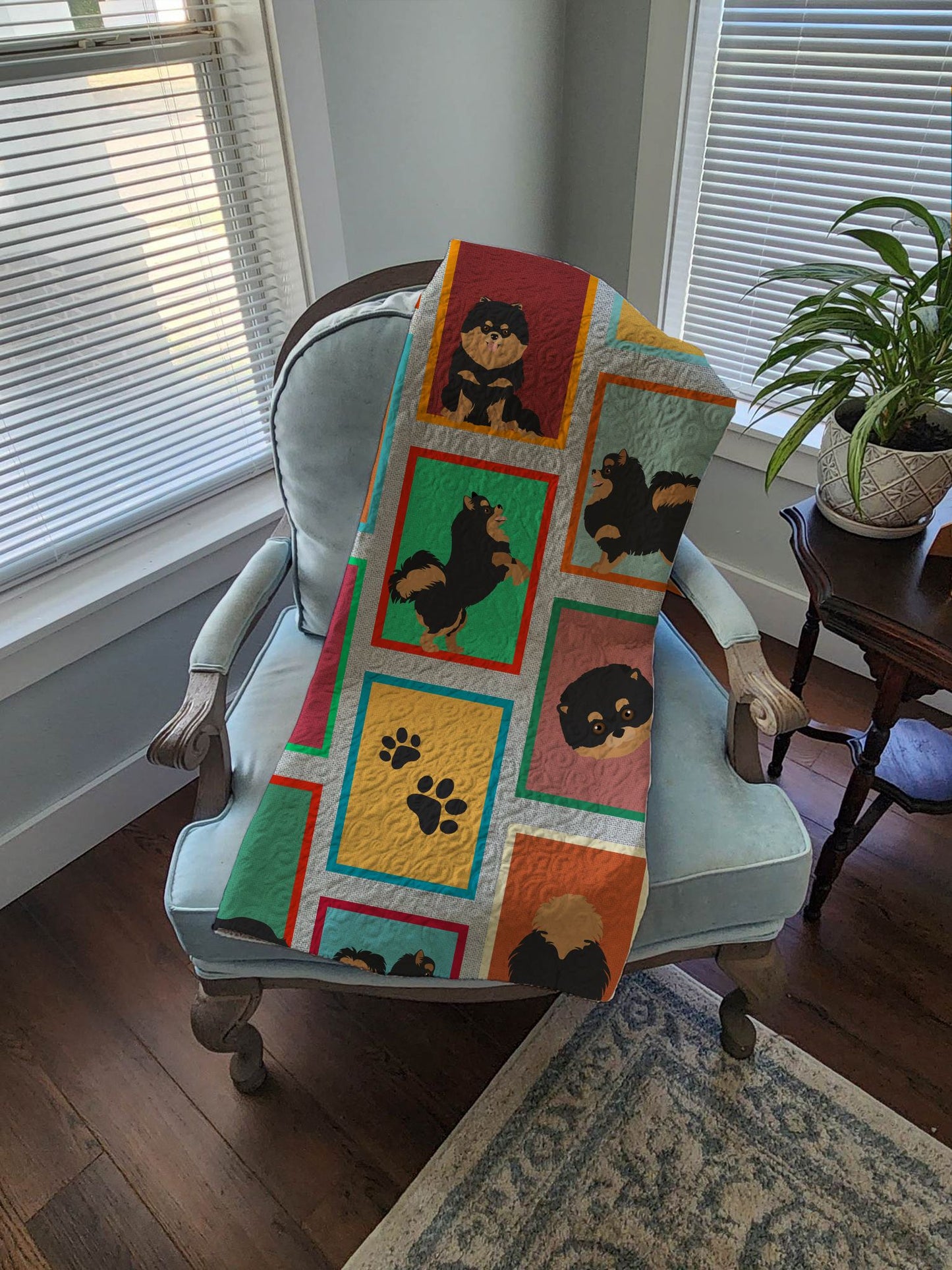 Lots of Black and Tan Pomeranian Quilted Blanket 50x60 Artwork Pattern Quilted Throw Blanket for Bed, Couch, Sofa, Soft and Lightweight