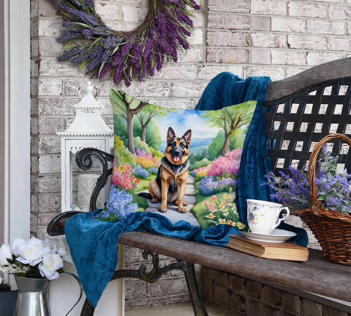 German Shepherd Spring Path Throw Pillow Machine Washable, Indoor Outdoor Decorative Pillow for Couch, Bed or Patio, 18Hx18W