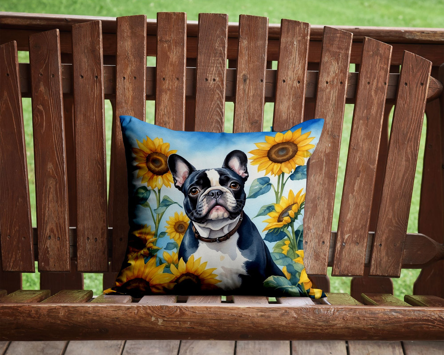 French Bulldog in Sunflowers Throw Pillow Machine Washable, Indoor Outdoor Decorative Pillow for Couch, Bed or Patio, 14Hx14W