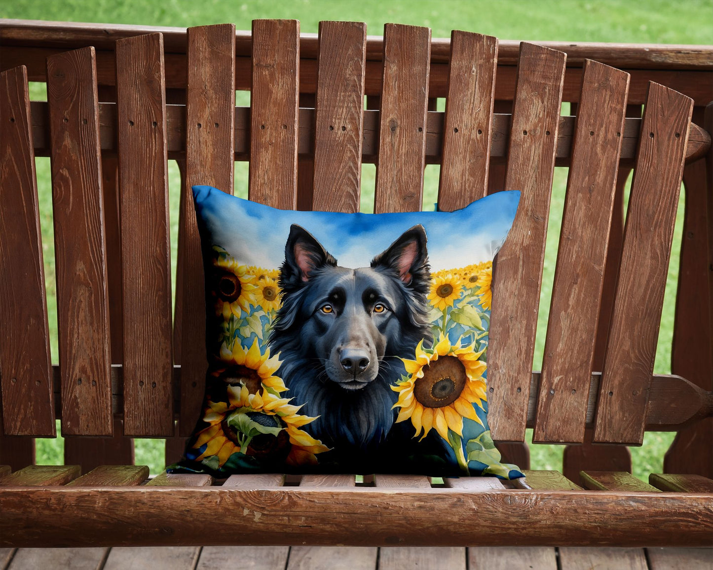 Belgian Sheepdog in Sunflowers Throw Pillow Machine Washable, Indoor Outdoor Decorative Pillow for Couch, Bed or Patio, 14Hx14W