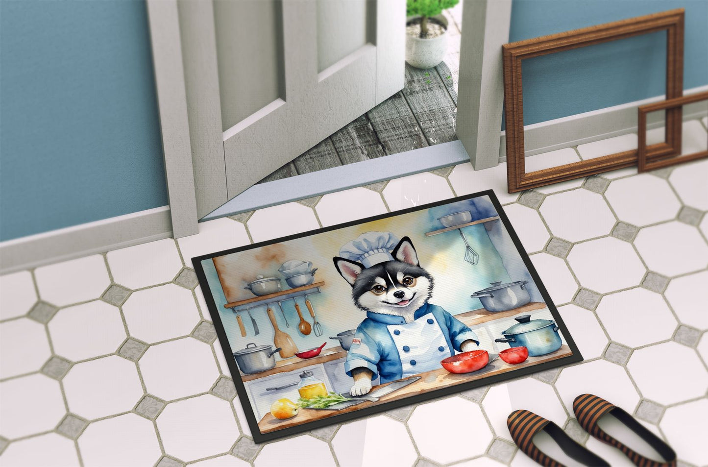 Alaskan Klee Kai The Chef Doormat Front Door Mat Indoor Outdoor Rugs for Entryway, Non Slip Washable Low Pile, 24H X 36W