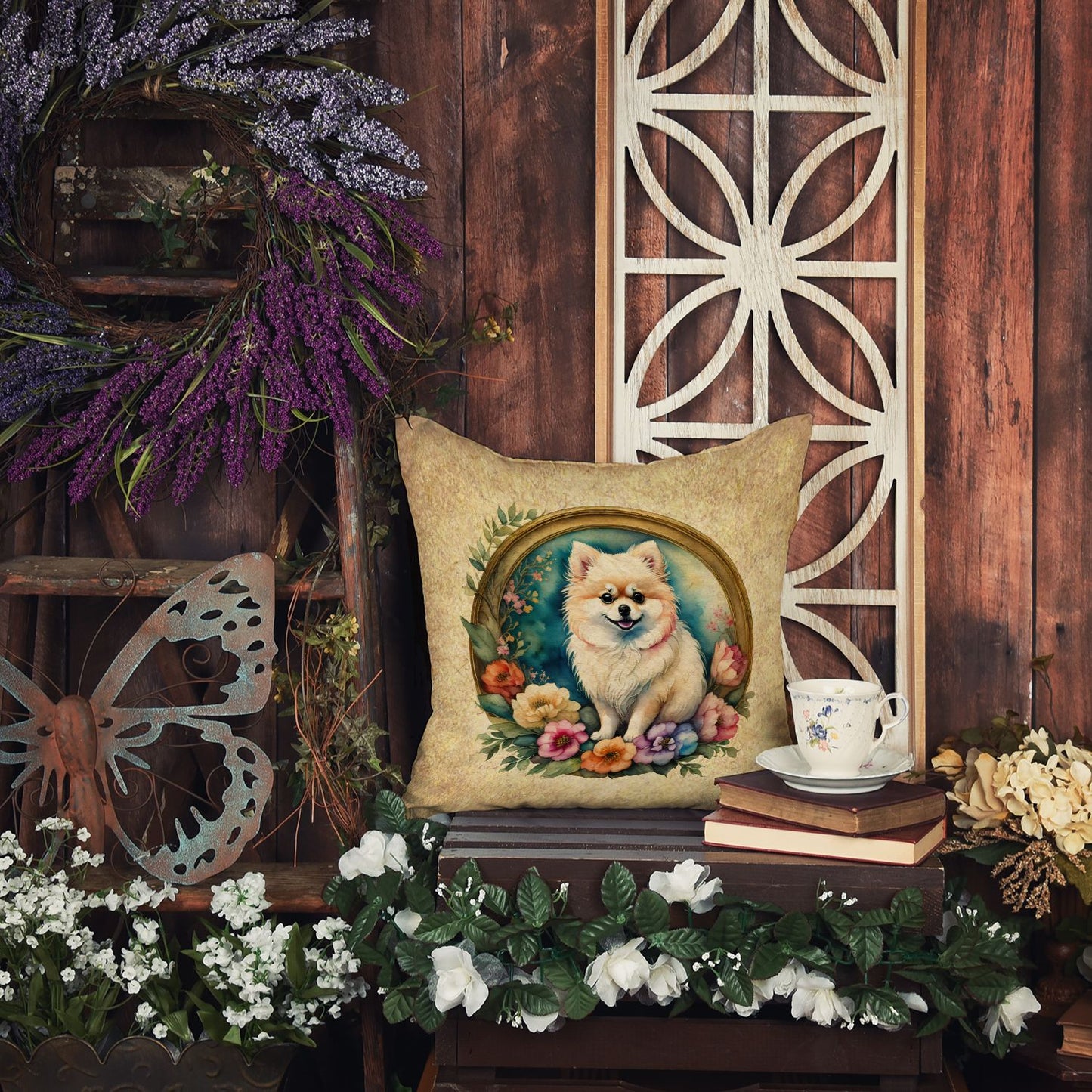 Pomeranian and Flowers Throw Pillow Machine Washable, Indoor Outdoor Decorative Pillow for Couch, Bed or Patio, 14Hx14W