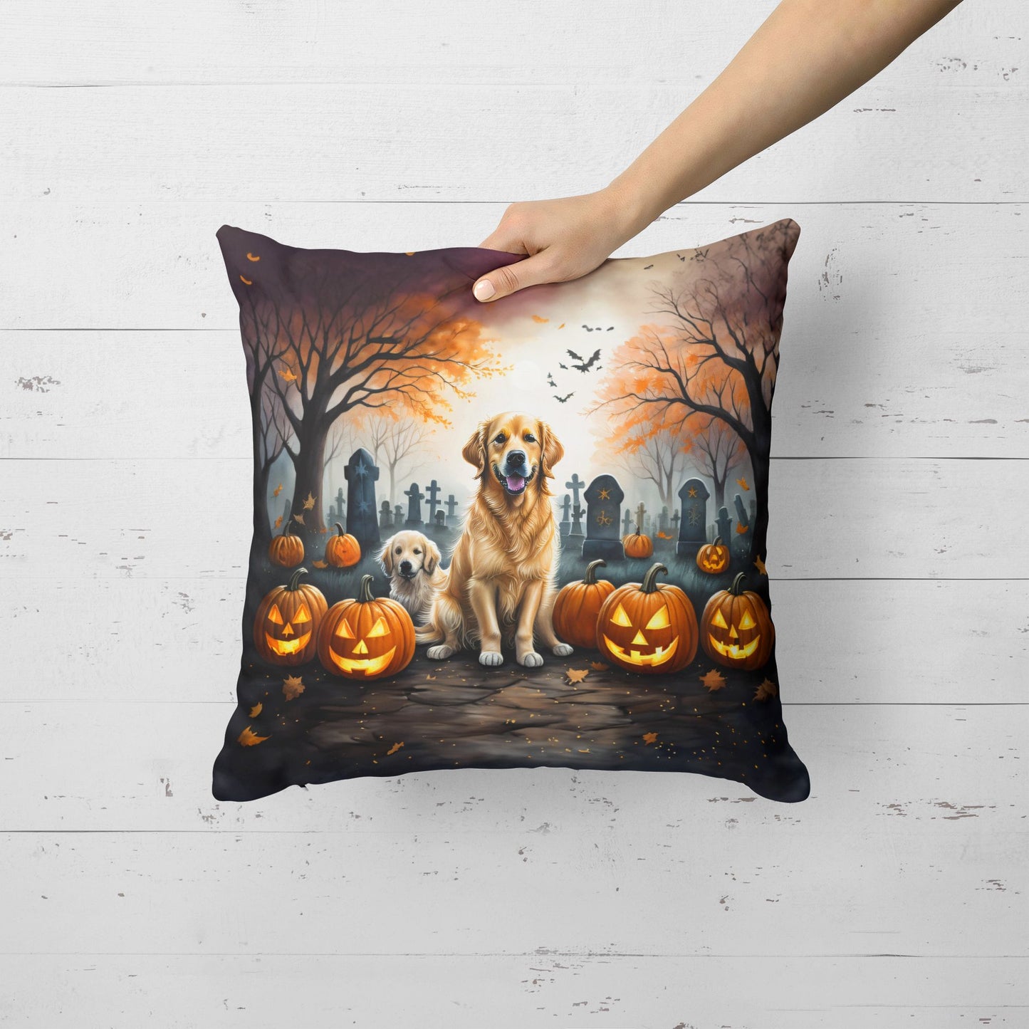 Golden Retriever Spooky Halloween Throw Pillow Machine Washable, Indoor Outdoor Decorative Pillow for Couch, Bed or Patio, 18Hx18W