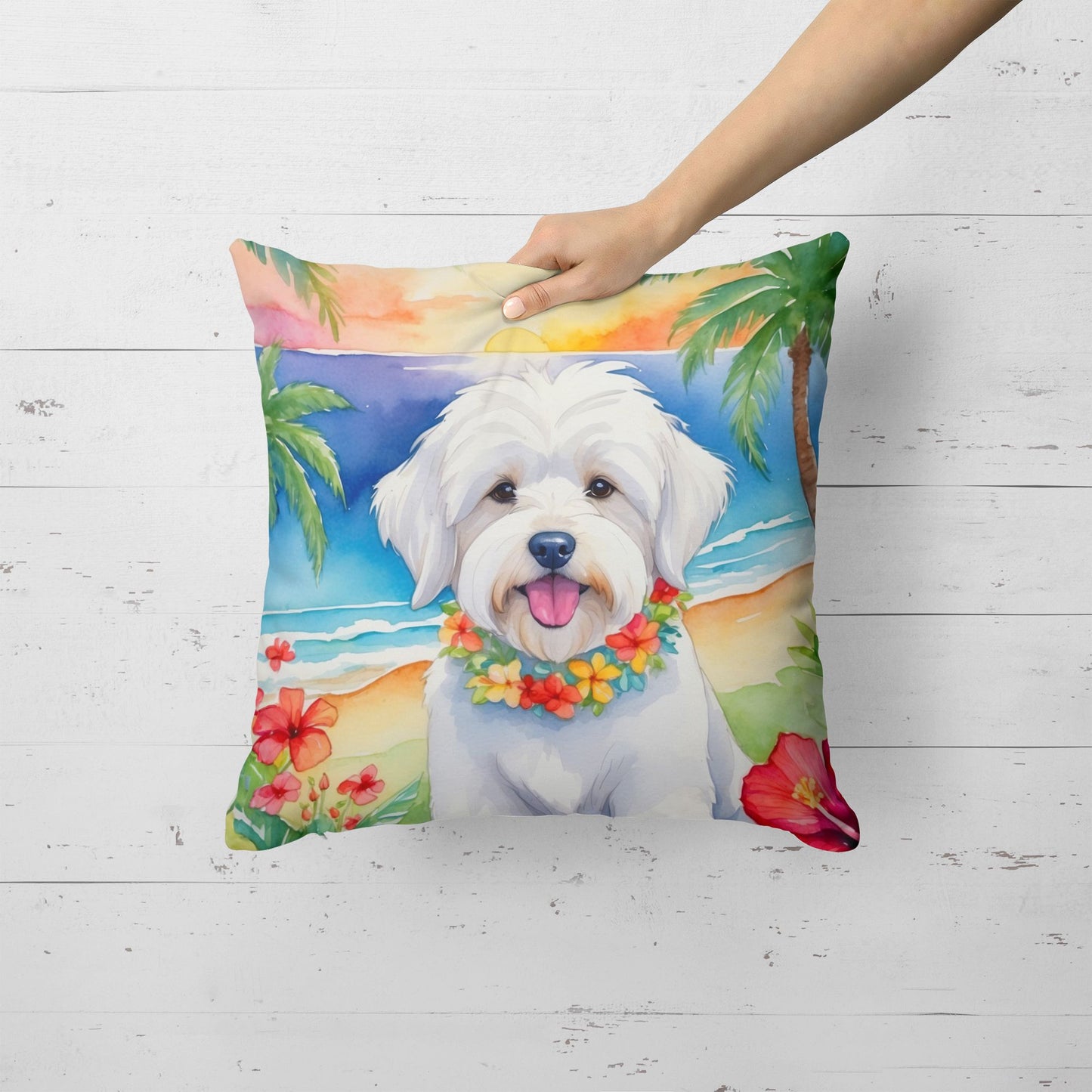 Coton de Tulear Luau Throw Pillow Machine Washable, Indoor Outdoor Decorative Pillow for Couch, Bed or Patio, 18Hx18W