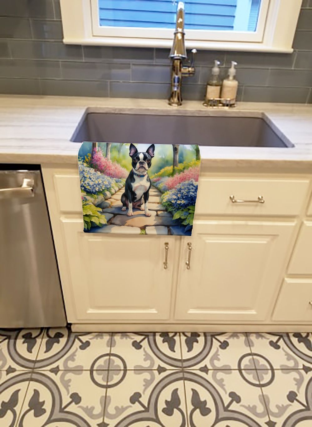 Boston Terrier Spring Path Kitchen Towel Dish Cloths Guest Hand Towel Decorative Bathroom Towel for Face,Tea, Dishcloth, Kitchen and Bath