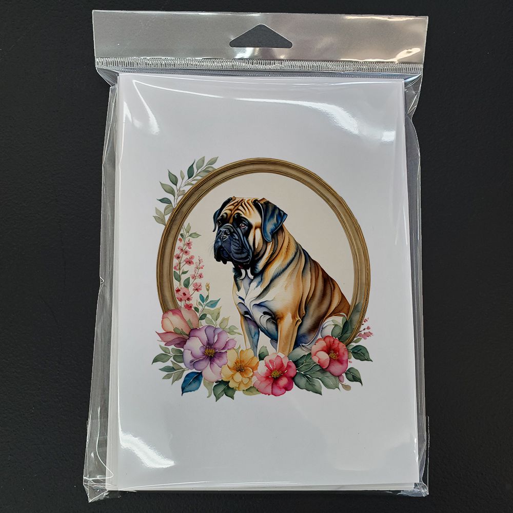 Mastiff and Flowers Greeting Cards Pack of 8 Blank Cards with Envelopes Whimsical A7 Size 5x7 Blank Note Cards