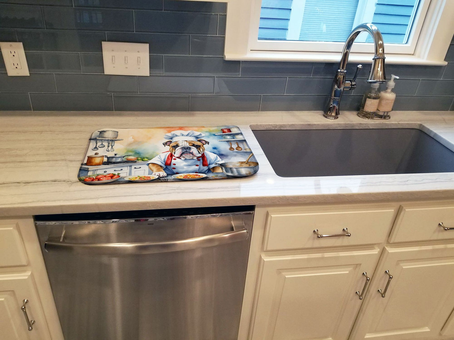 English Bulldog The Chef Dish Drying Mat Absorbent Dish Drying Mat Pad for Kitchen Counter Dish Drainer Mat for Countertop, 14 x 21", Multicolor