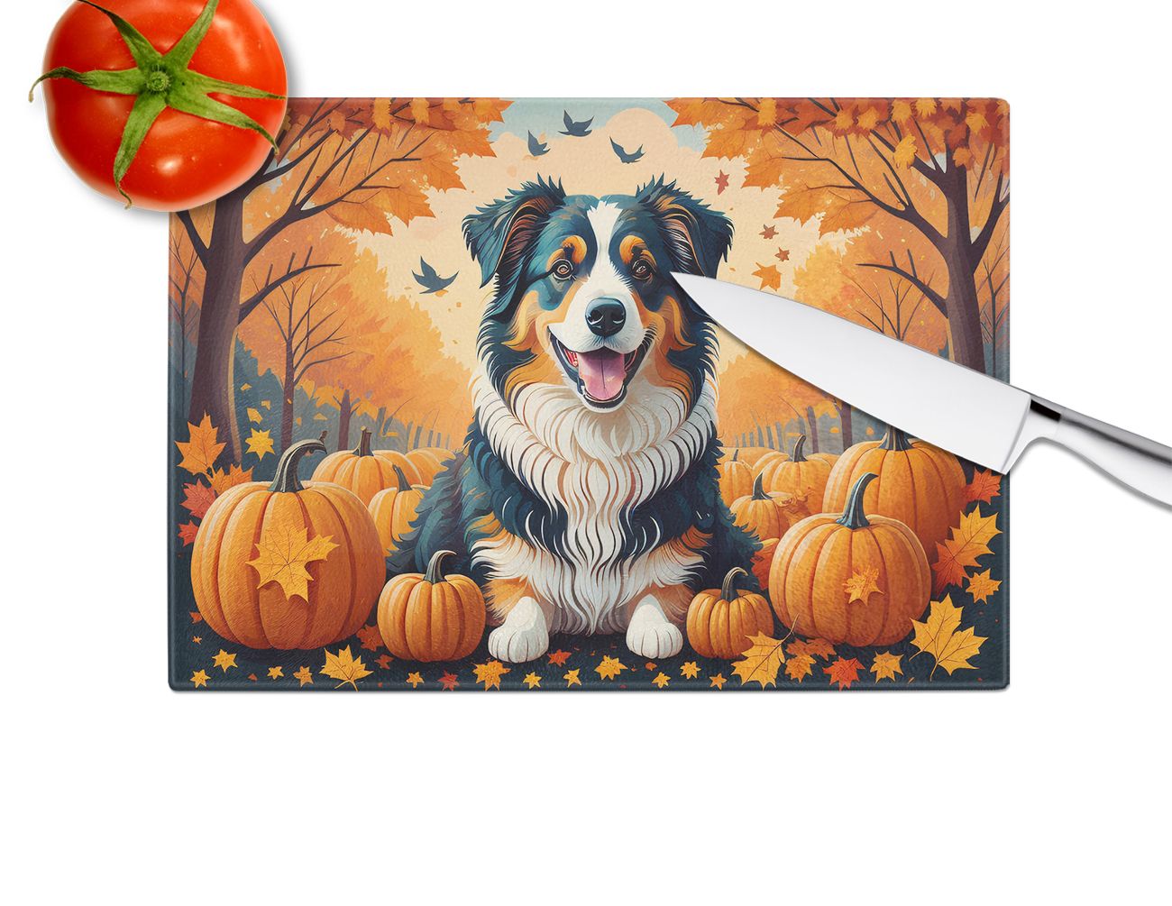 NEW Australian Shepherd Terrier Fall Glass Cutting Board Decorative Tempered Glass Kitchen Cutting and Serving Board Large Size Chopping Board