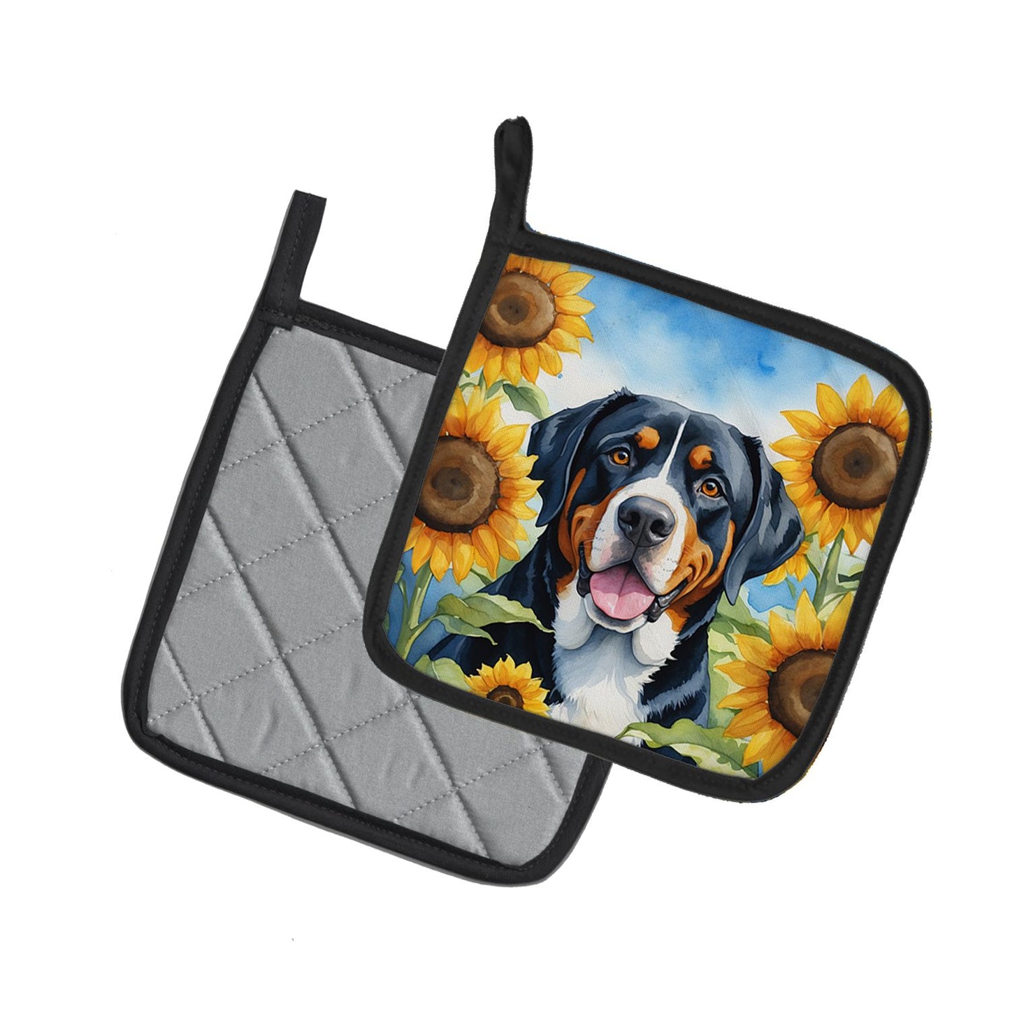 Greater Swiss Mountain Dog in Sunflowers Pair of Pot Holders Kitchen Heat Resistant Pot Holders Sets Oven Hot Pads for Cooking Baking BBQ, 7 1/2 x 7 1/2
