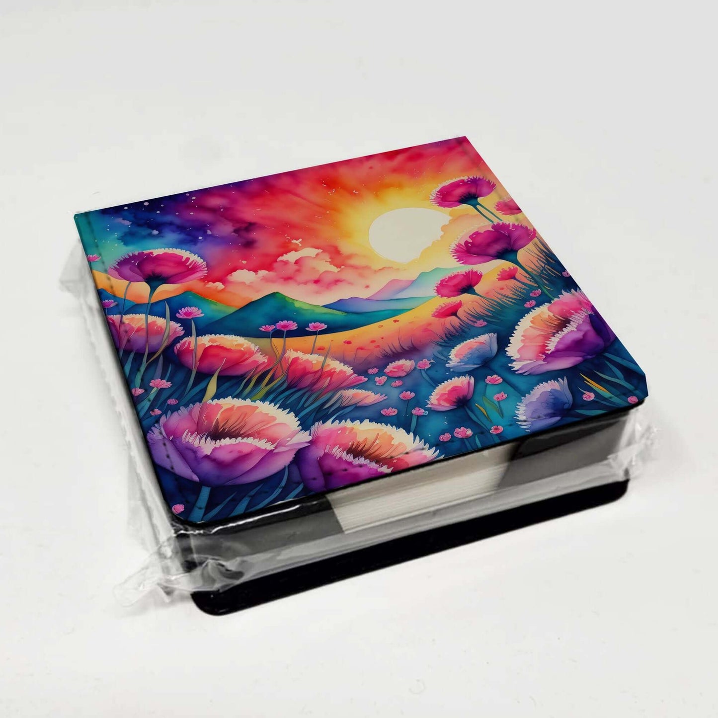 Colorful Dianthus PU Leather Note Paper Holder with Artist-Designed Cover, Desk Accessory, Office Gift