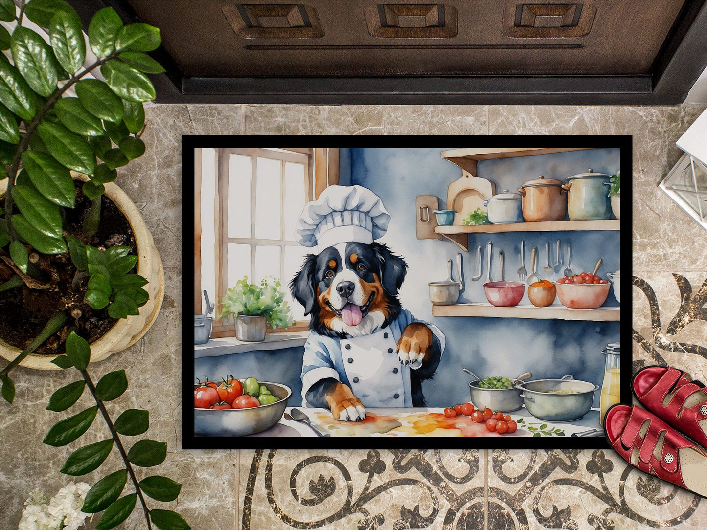 Bernese Mountain Dog The Chef Doormat Front Door Mat Indoor Outdoor Rugs for Entryway, Non Slip Washable Low Pile, 24H X 36W