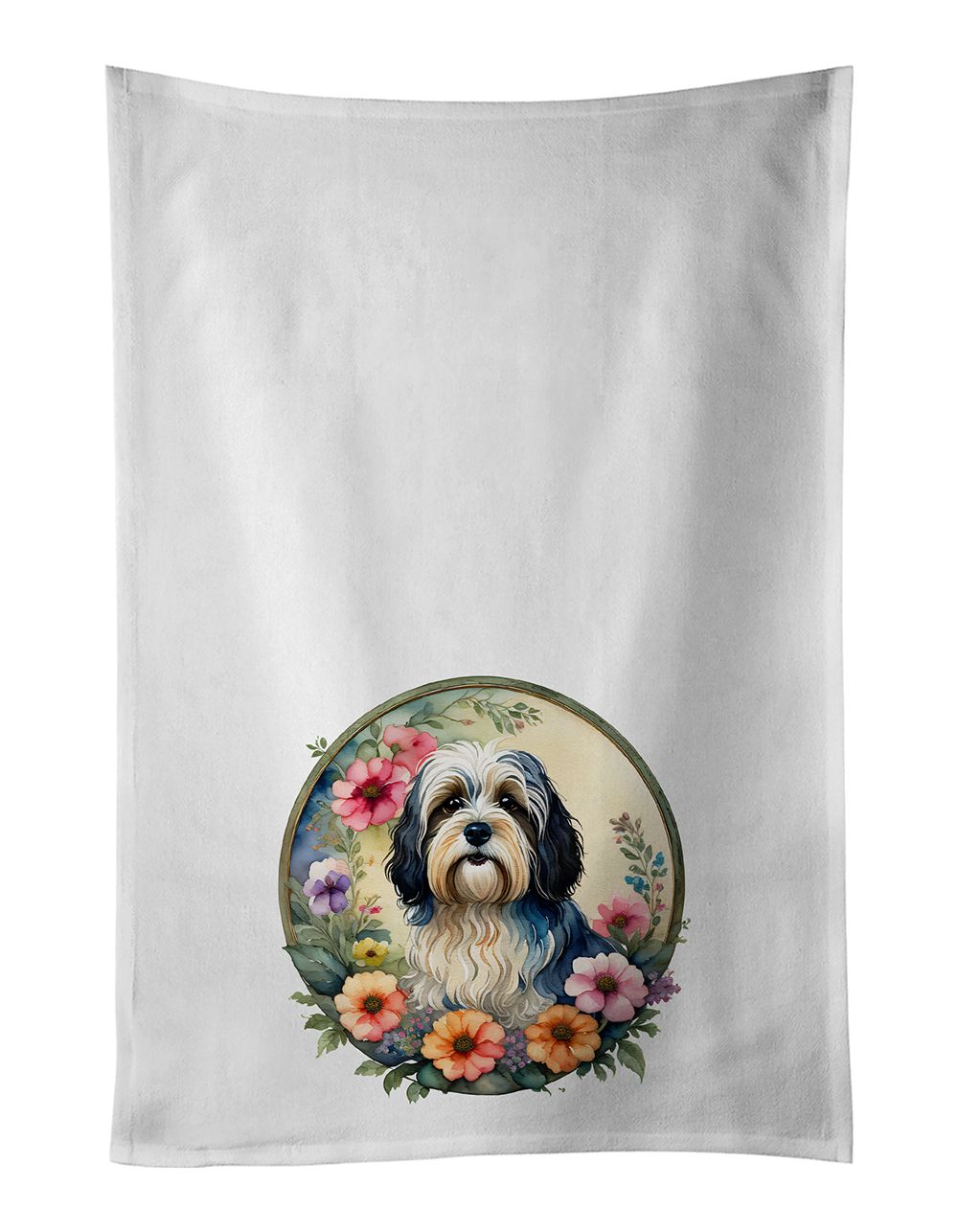 Havanese and Flowers Kitchen Towel Set of 2 White Dish Towels Decorative Bathroom Hand towel for Hand, Face, Hair, Yoga, Tea, Dishcloth, 19 X 28", White