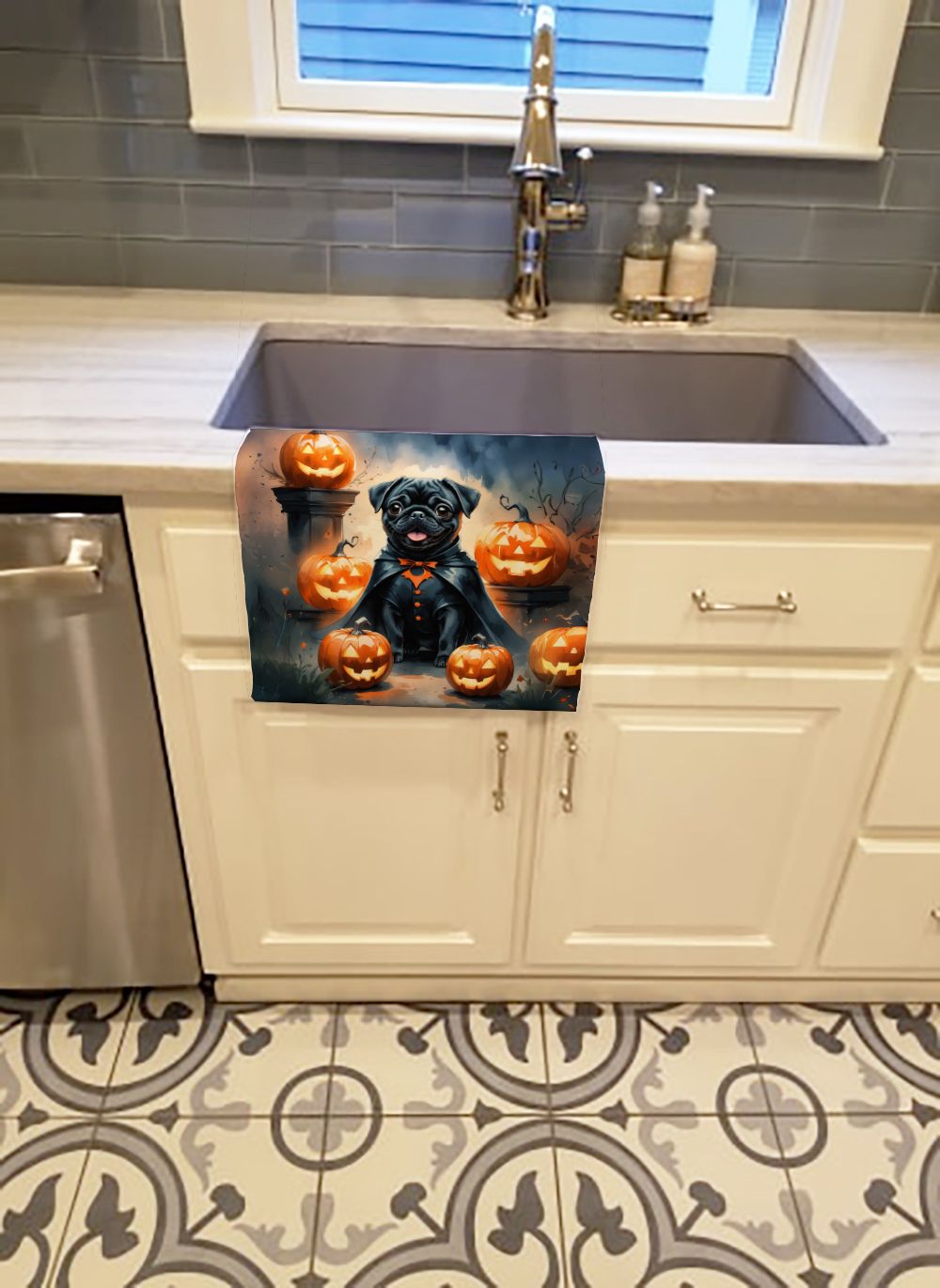 Black Pug Puppy Halloween Kitchen Towel Dish Cloths Guest Hand Towel Decorative Bathroom Towel for Face,Tea, Dishcloth, Kitchen and Bath
