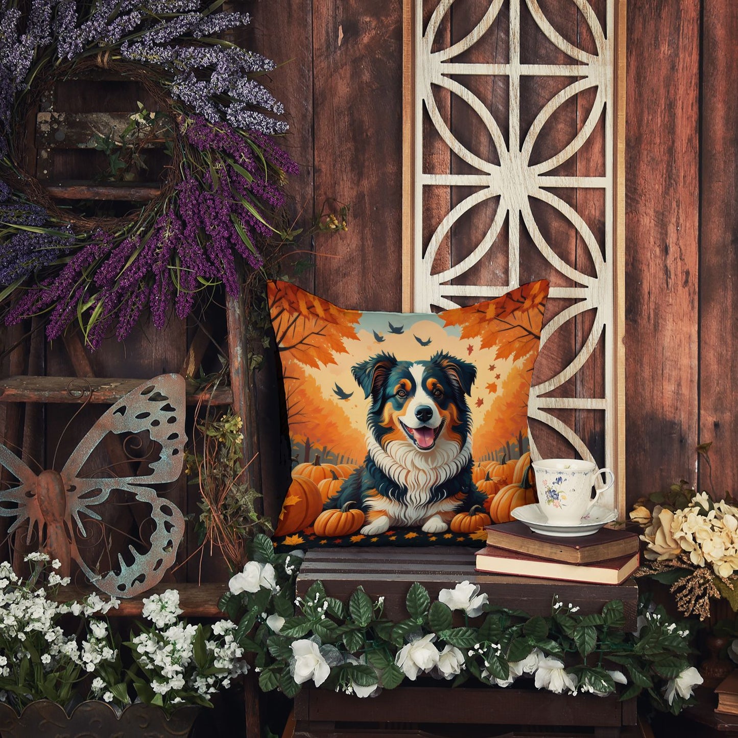 Australian Shepherd Terrier Fall Throw Pillow Machine Washable, Indoor Outdoor Decorative Pillow for Couch, Bed or Patio, 14Hx14W