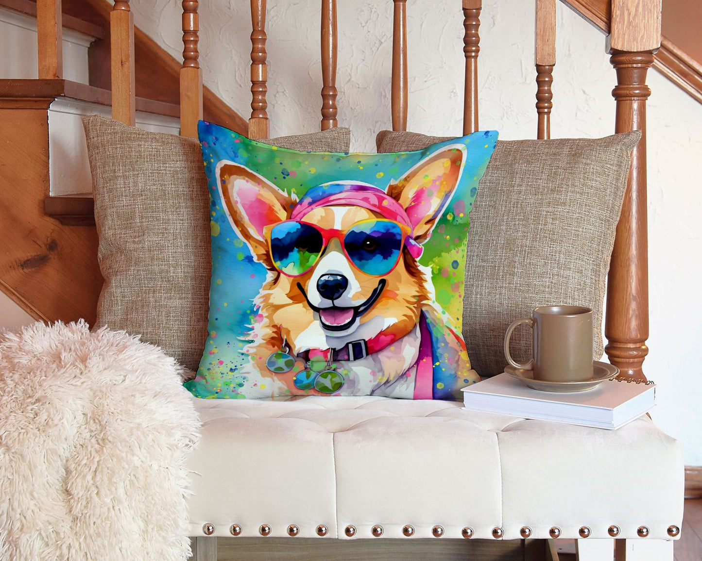 Corgi Hippie Dawg Throw Pillow Machine Washable, Indoor Outdoor Decorative Pillow for Couch, Bed or Patio, 14Hx14W