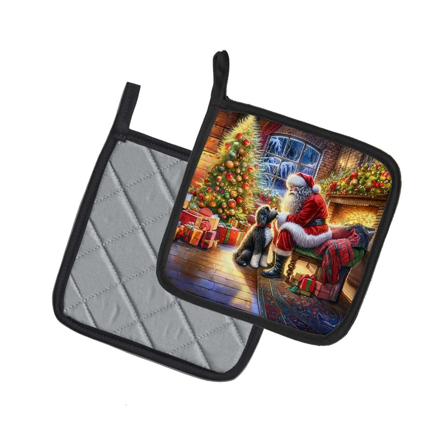 Portuguese Water Dog and Santa Claus Pair of Pot Holders Kitchen Heat Resistant Pot Holders Sets Oven Hot Pads for Cooking Baking BBQ, 7 1/2 x 7 1/2