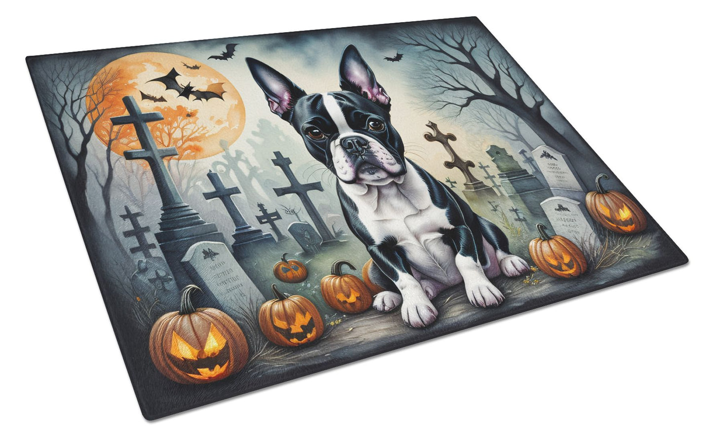 NEW Boston Terrier Spooky Halloween Glass Cutting Board Decorative Tempered Glass Kitchen Cutting and Serving Board Large Size Chopping Board